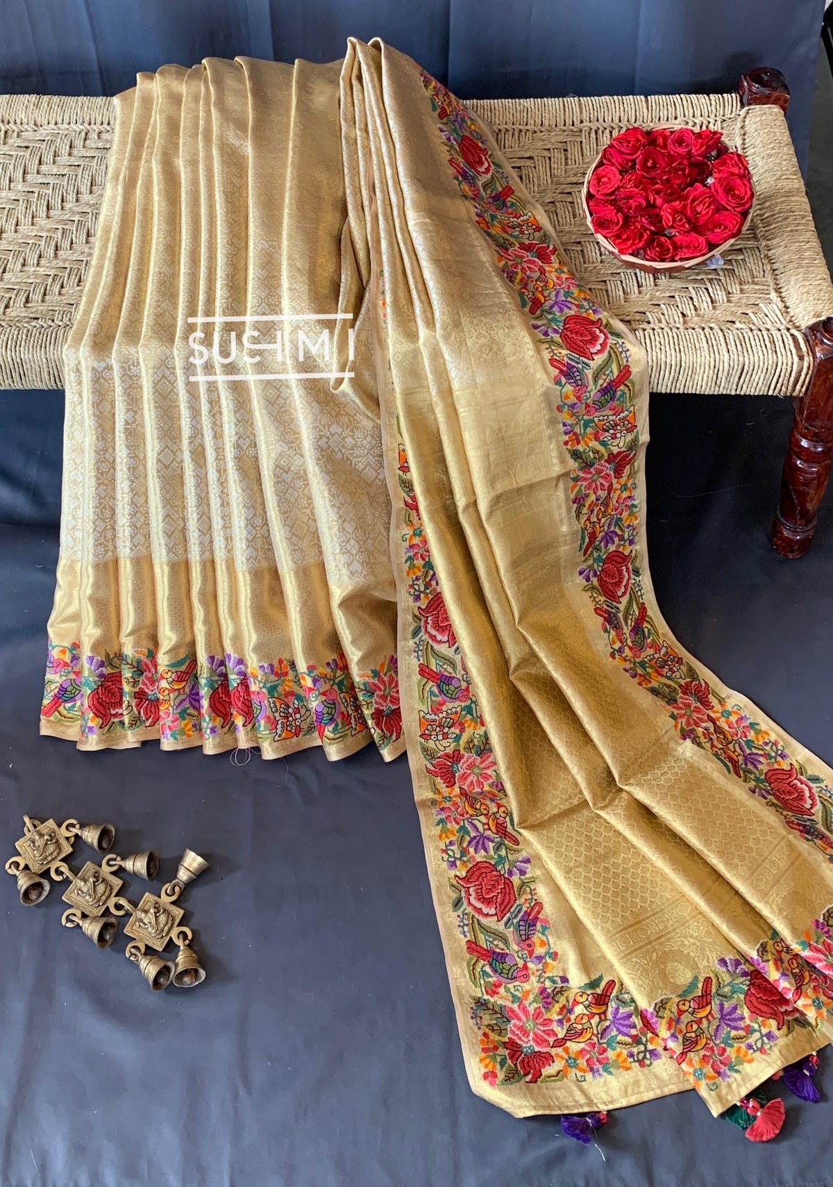 Gold Kanjeevaram Tissue Sareewith petite point embroidery : S62F087
