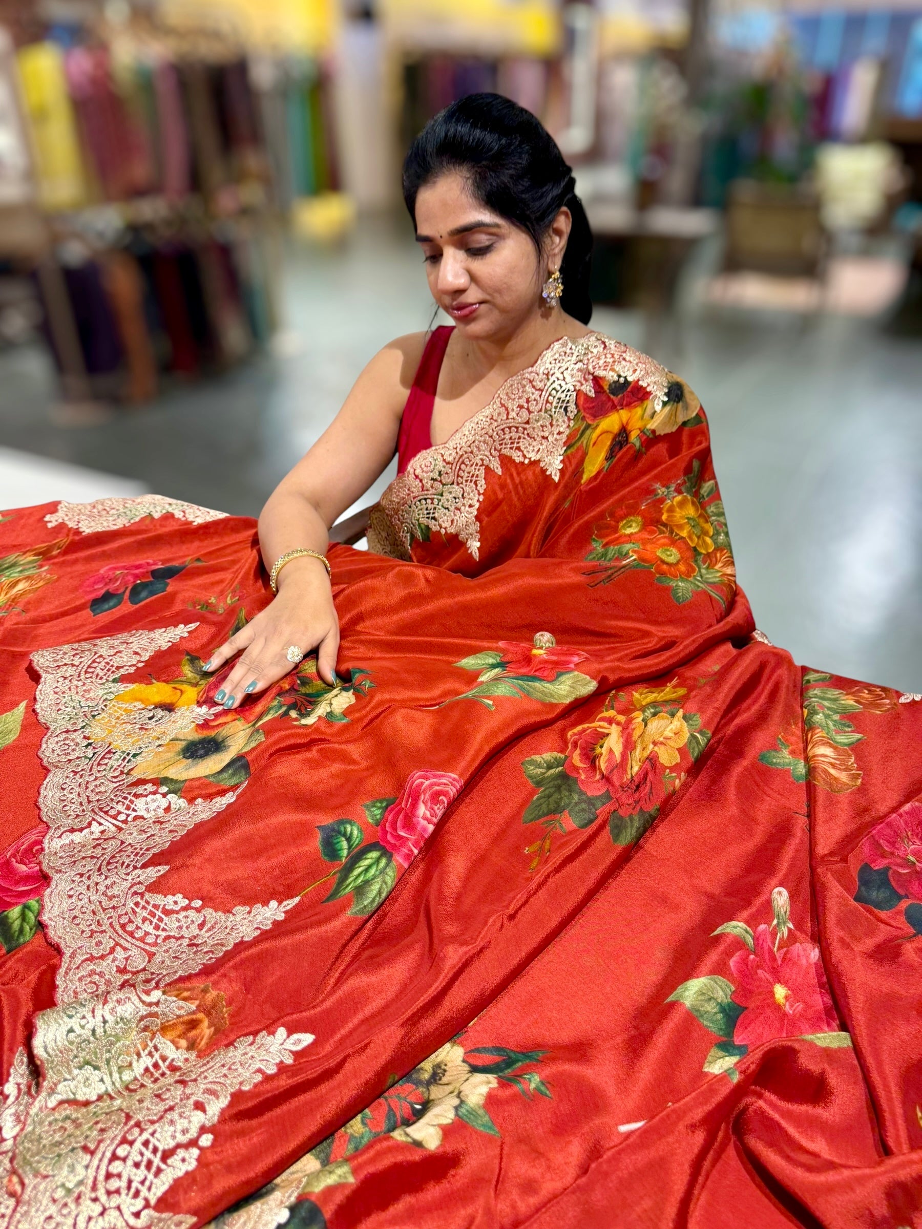 Red Crepe Printed Saree with Chanitlly Lace style Embroidery