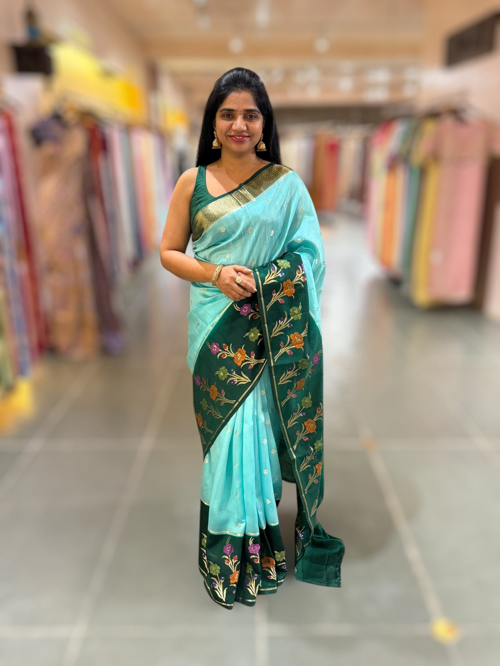Seablue & Bottle Green Poona silk saree