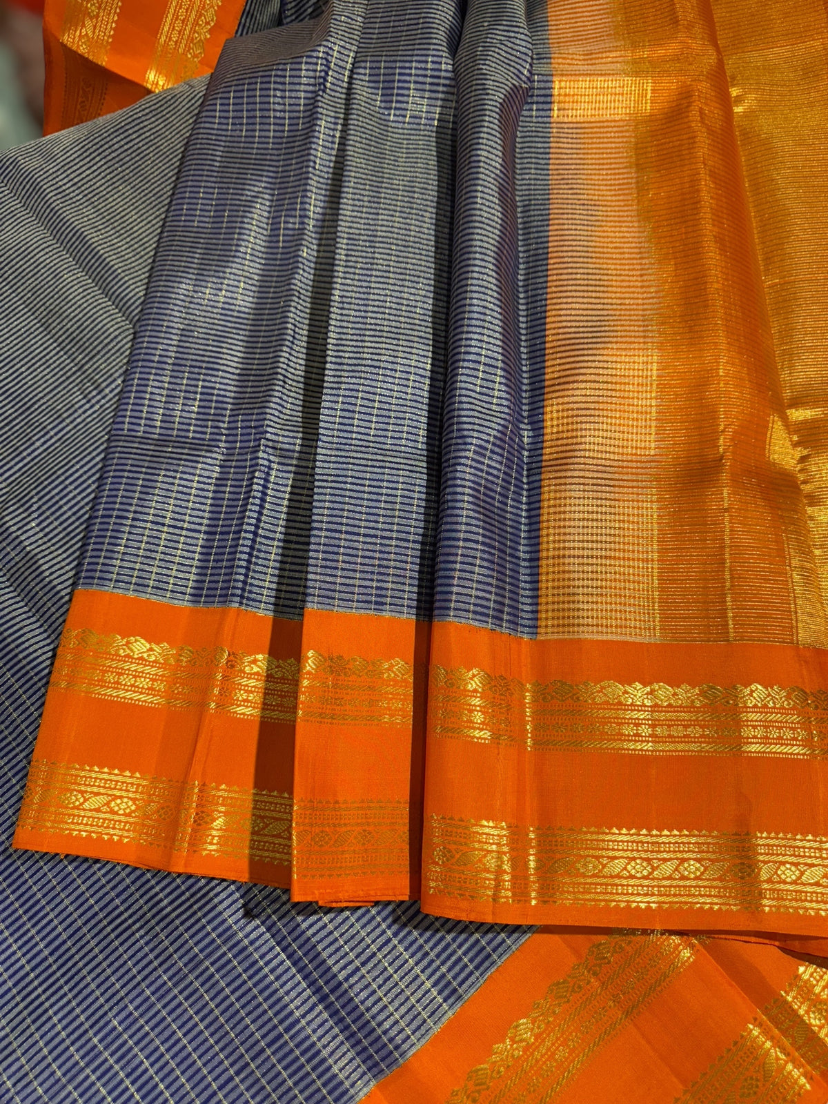 Blue & Orange Combo Vintage Checks Gap Border Kanjeevaram Saree