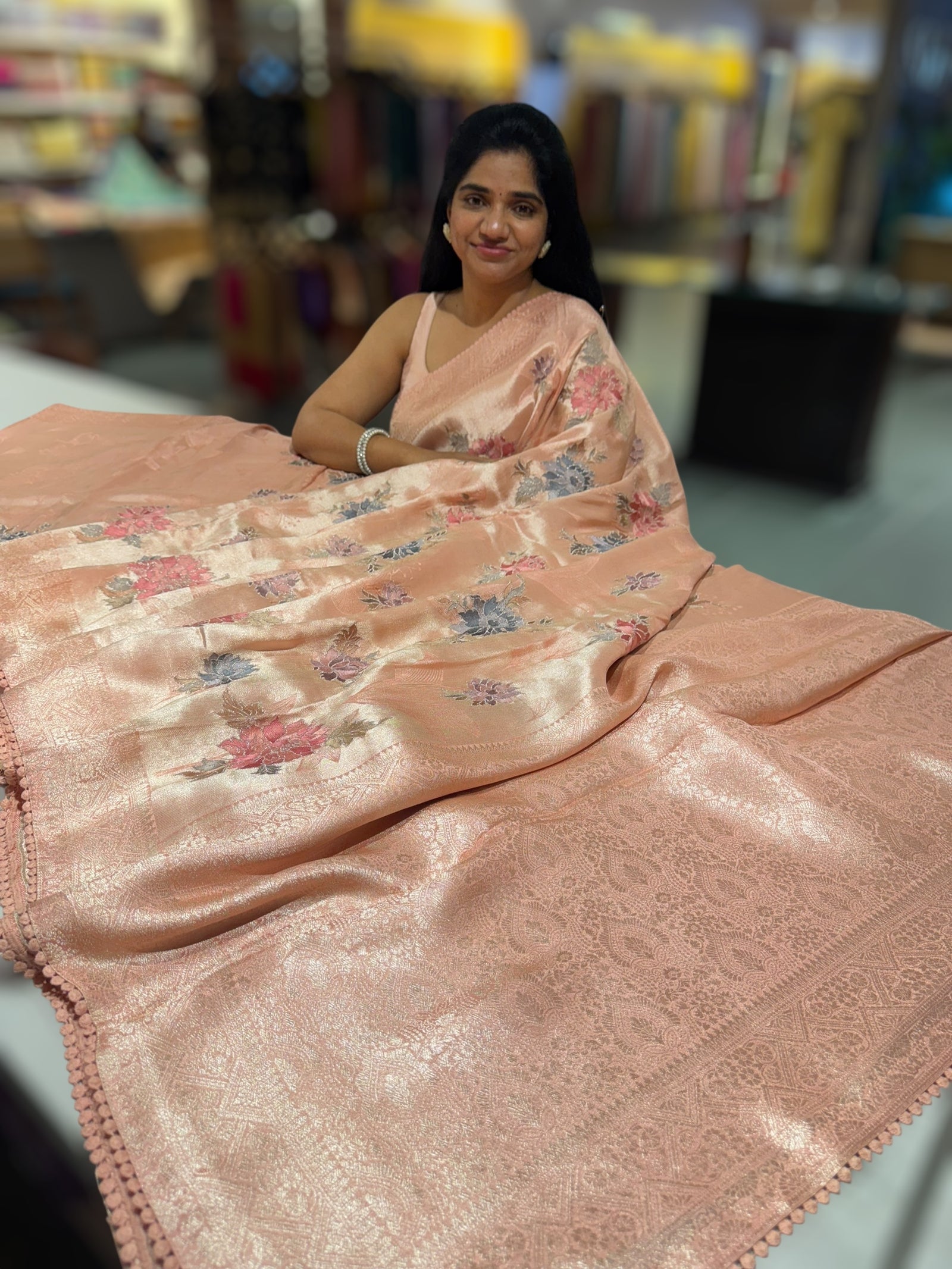 Peach Banarasi Brocade tissue saree with allover floral embroidery