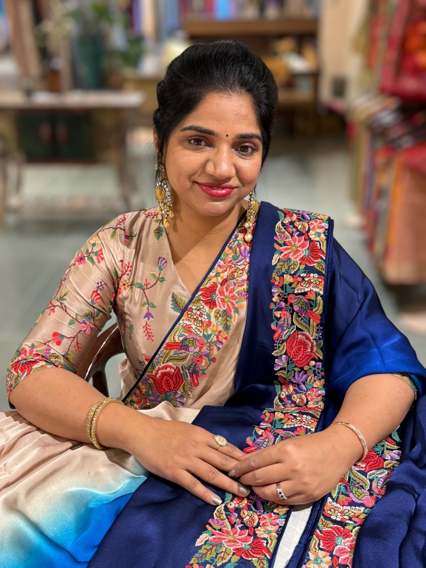 Pure Satin Ombre Dyed Saree with Petite Point Embroidered Border and blouse.