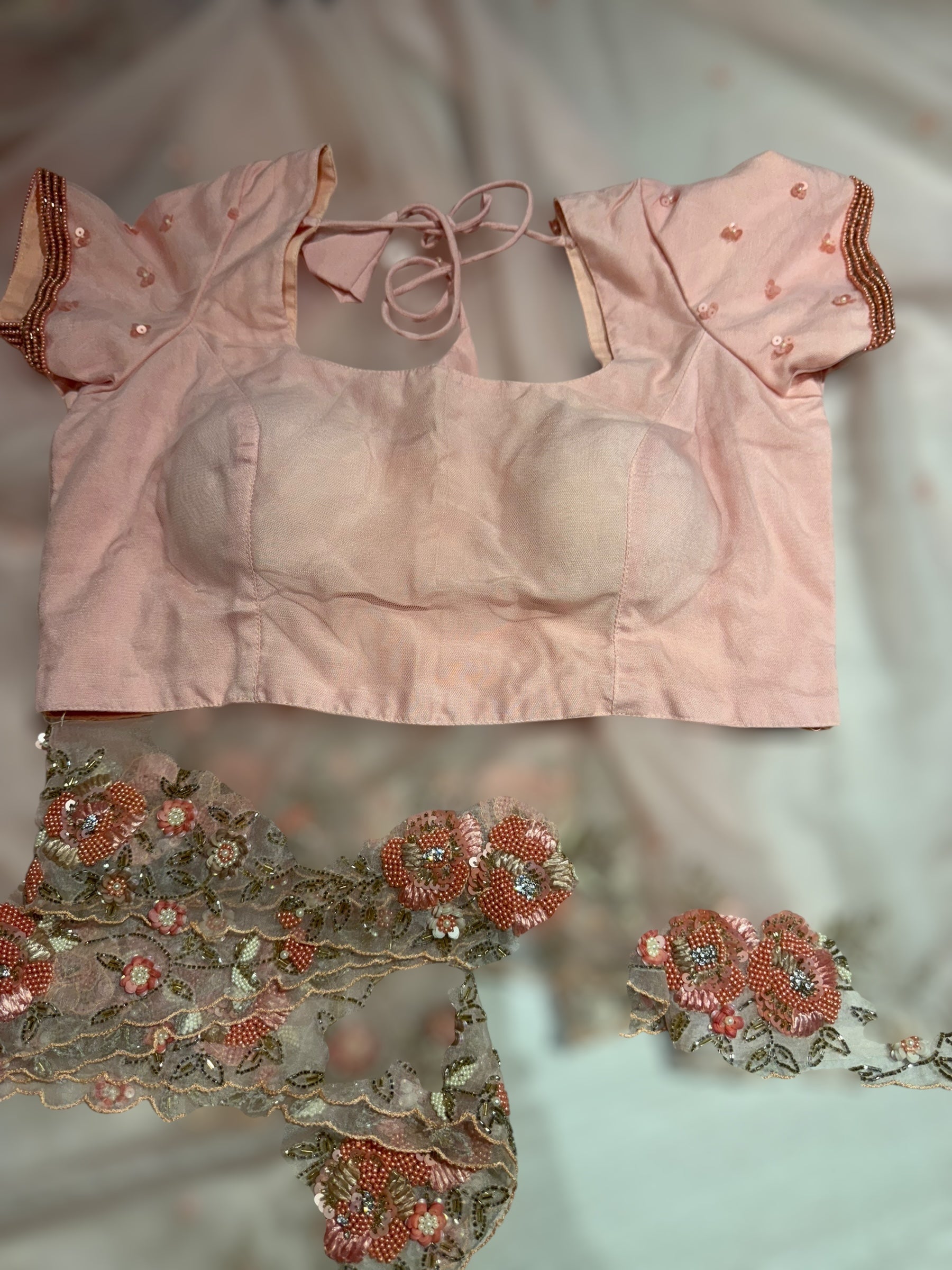 Pink Organza handwork saree with ready to wear blouse