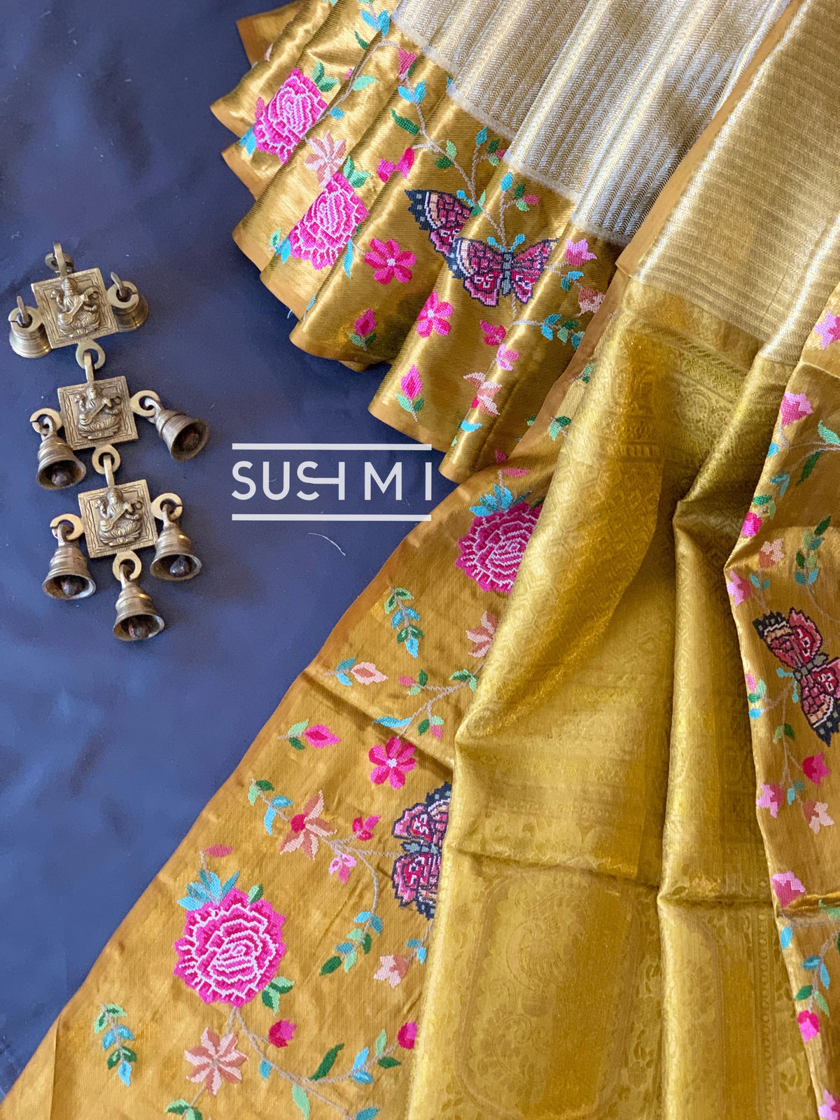 Gold Kanjeevaram Tissue Sareewith petite point embroidery : S62F086