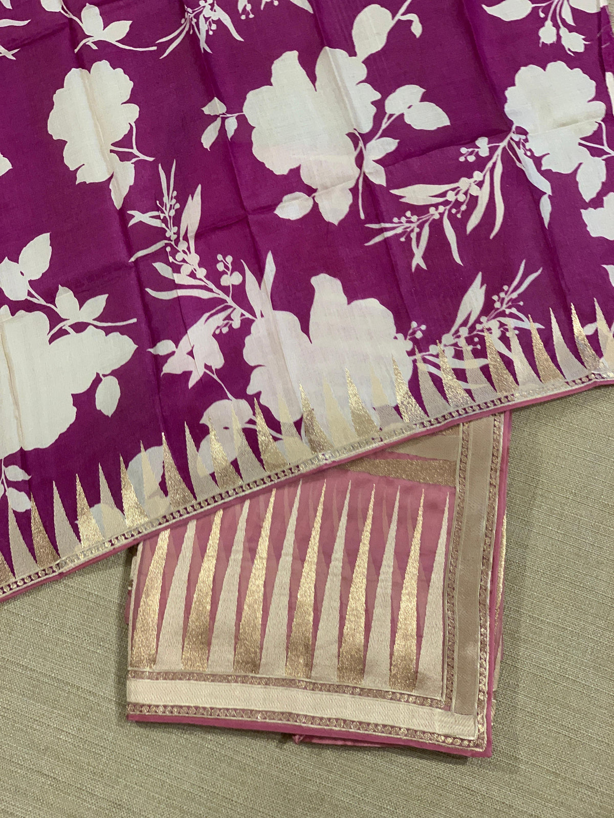 Blush Pink Pure Organza With Temple Embroidered Border & Tussar Printed Blouse