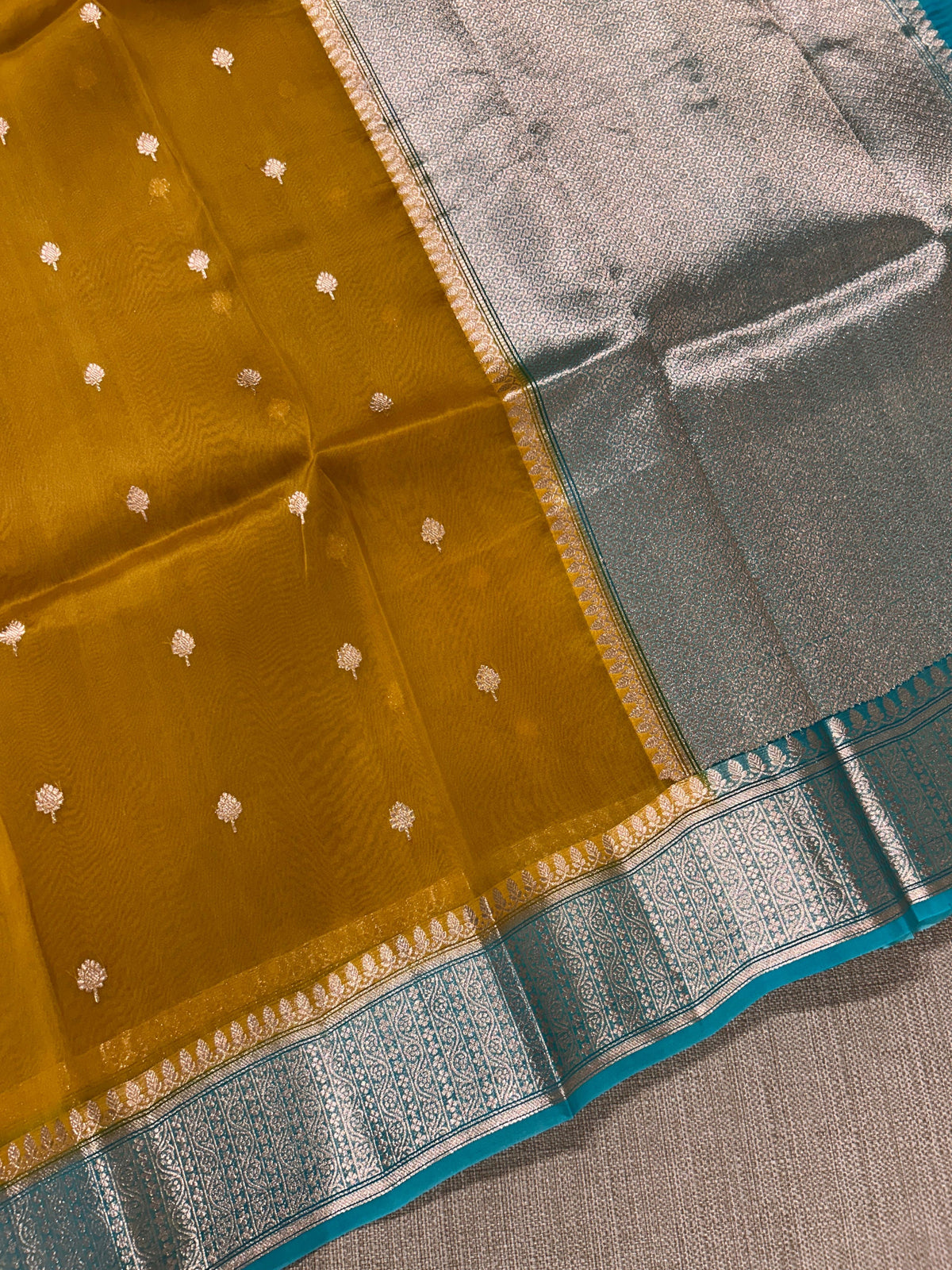 Mustard with Blue Pure Handloom premium Kora Banarasi Saree