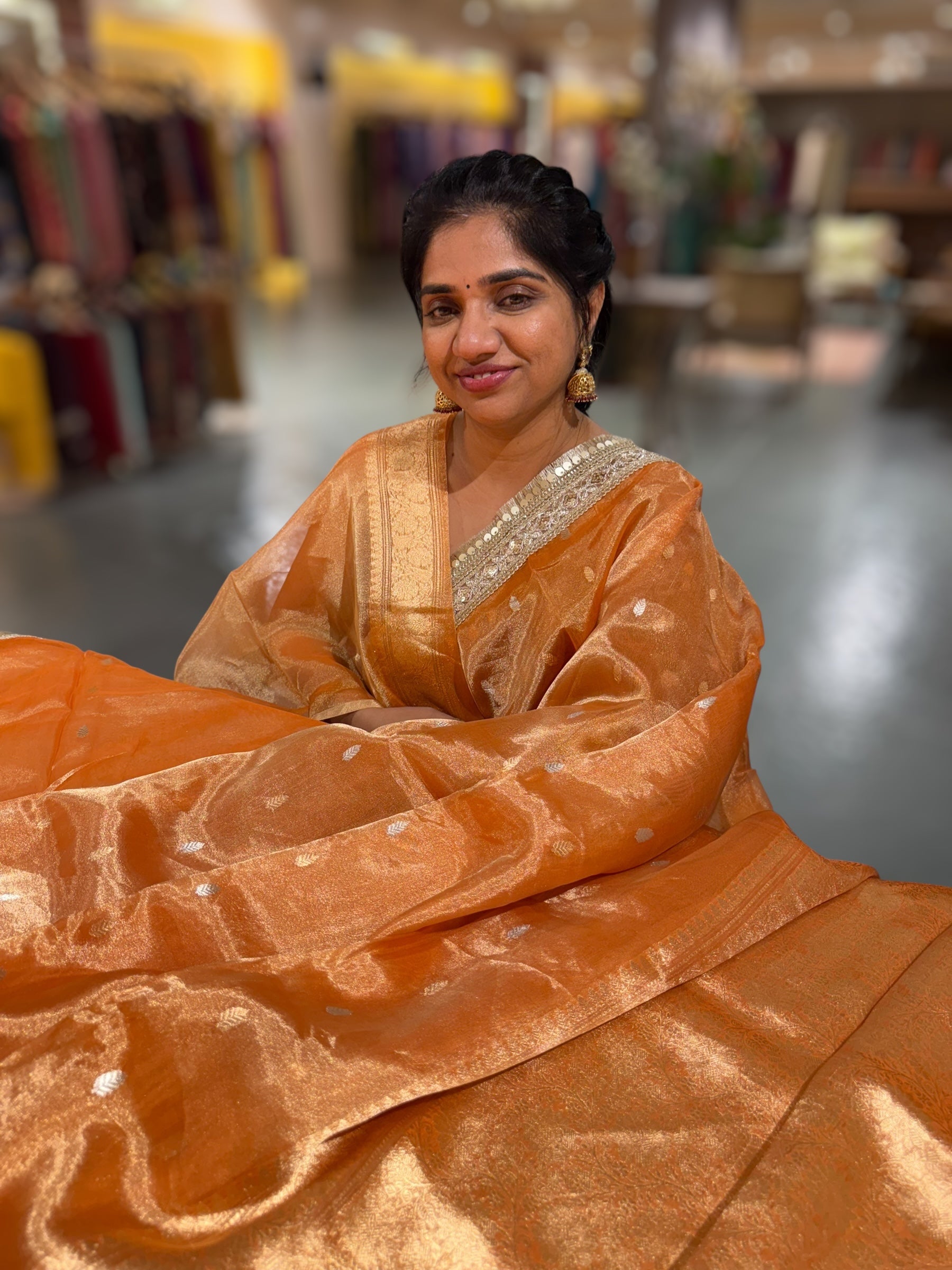 Orange Pure handloom Banarasi Tissue saree