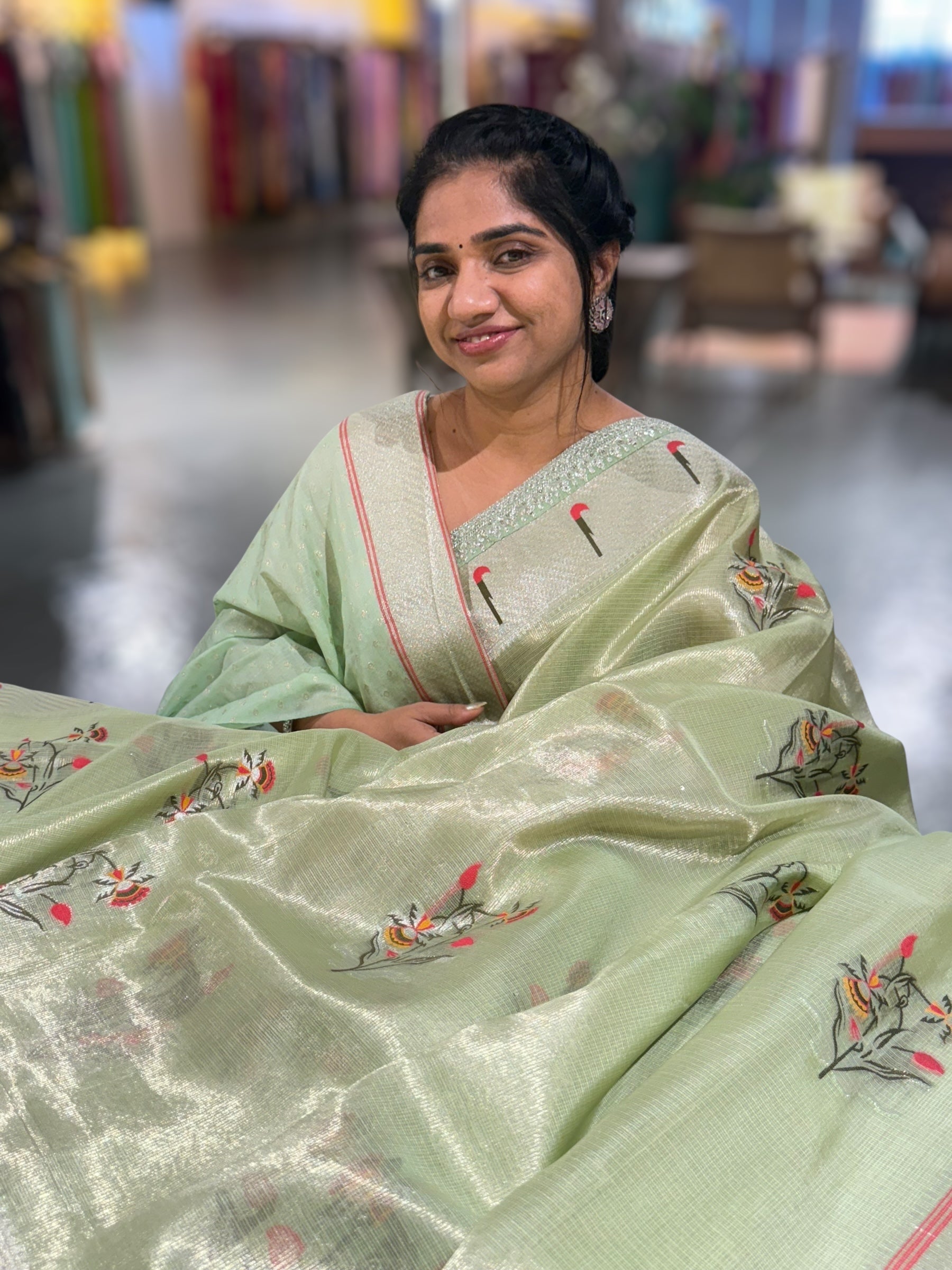 Sea Green Tissue Kota Saree With sabhyasachi Borders and Blouses