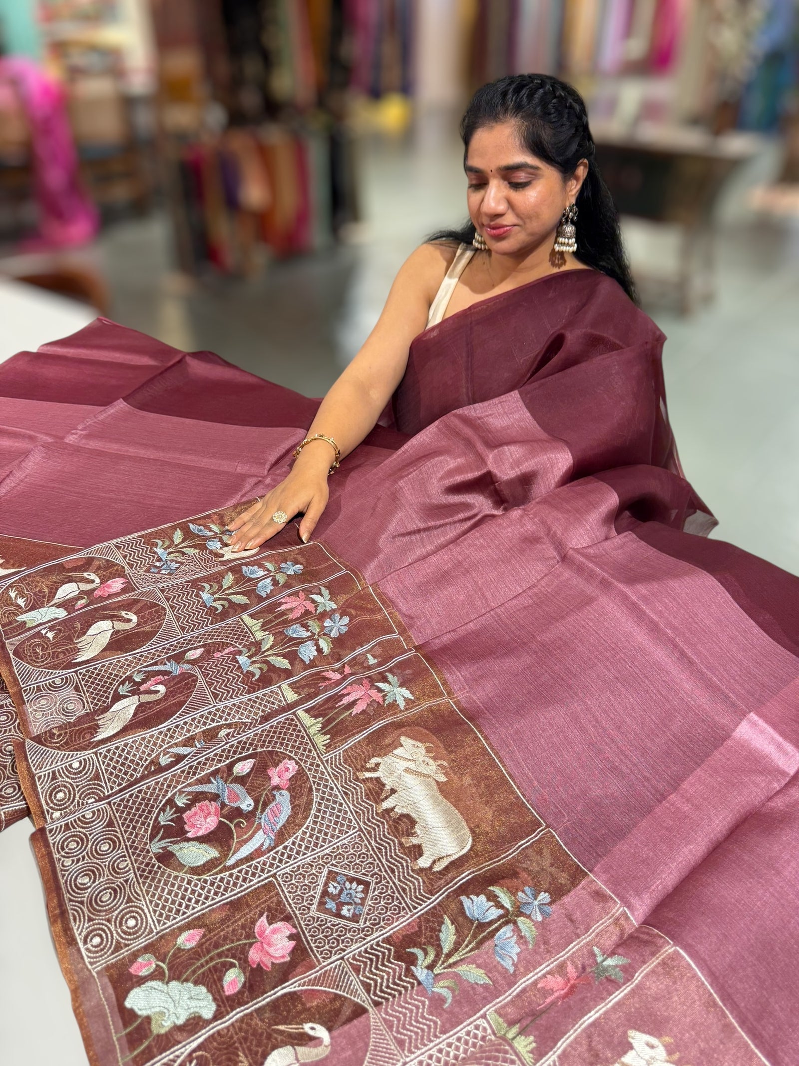 Winish Brown Kora-Tussar blend Handloom Saree with Tissue embroidered Skirt Border