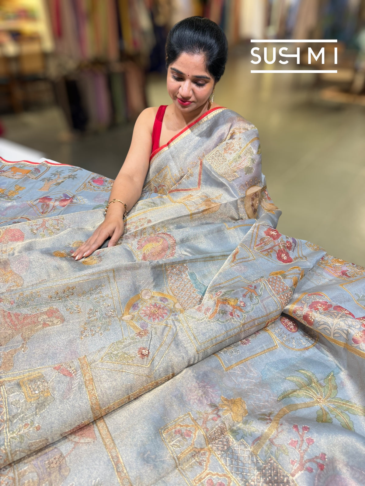 Dusty Blue Banarasi printed Tissue saree with handwork D62F059