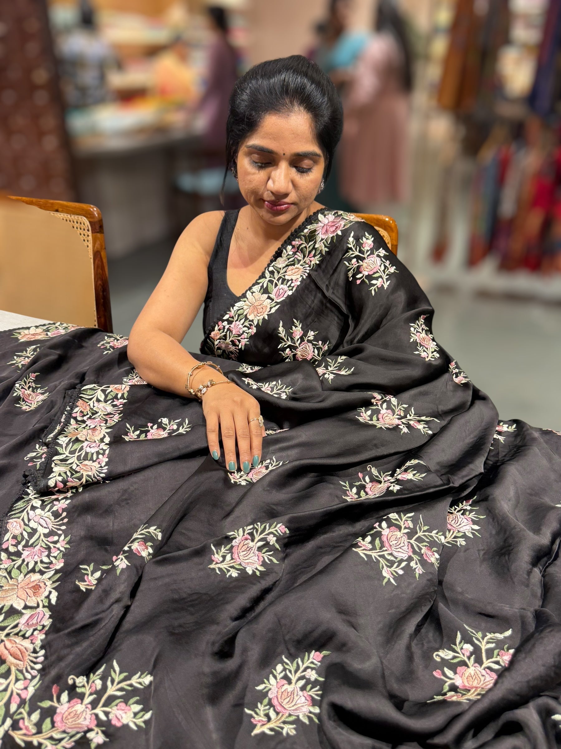 Black Satin Saree with Parsi Gara embroidery