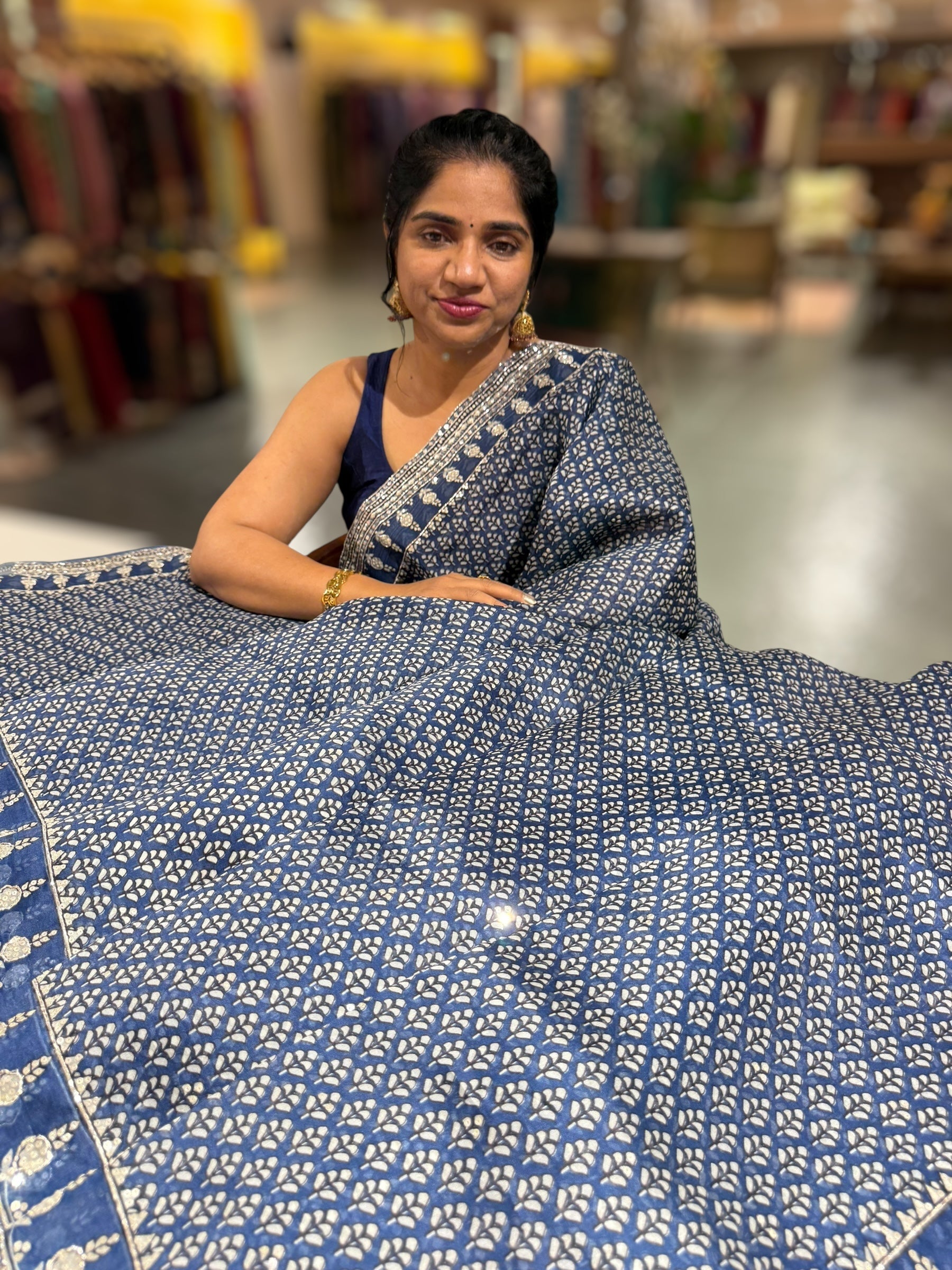 Kareena Kapoor Inspired Indigo Pure Organza Printed Saree with Handwork border and Blouse