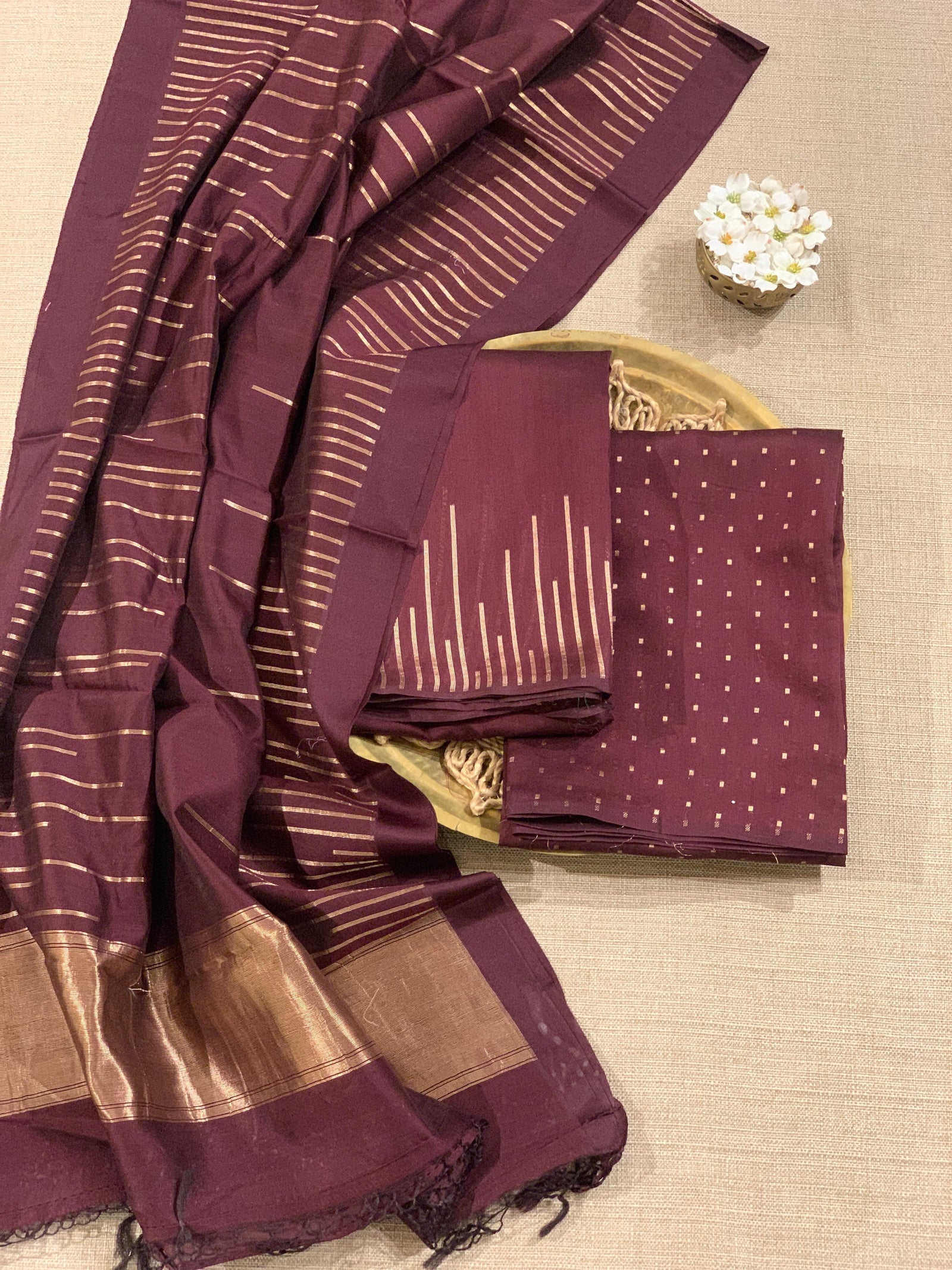 Brown Banarasi Handloom Chiniya Silk 3-pc Suit Set