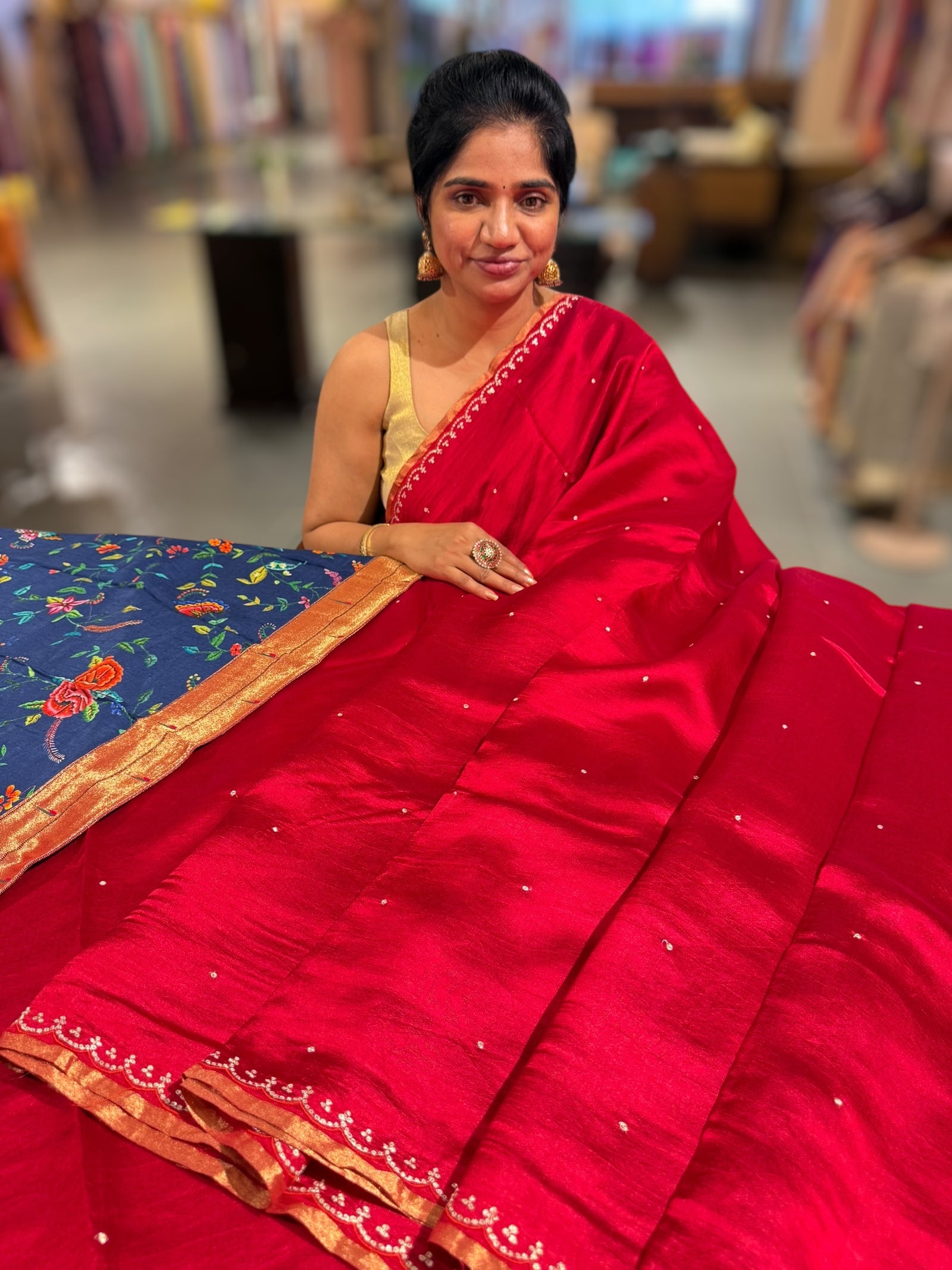 Red Banarasi silk with fusion blouse