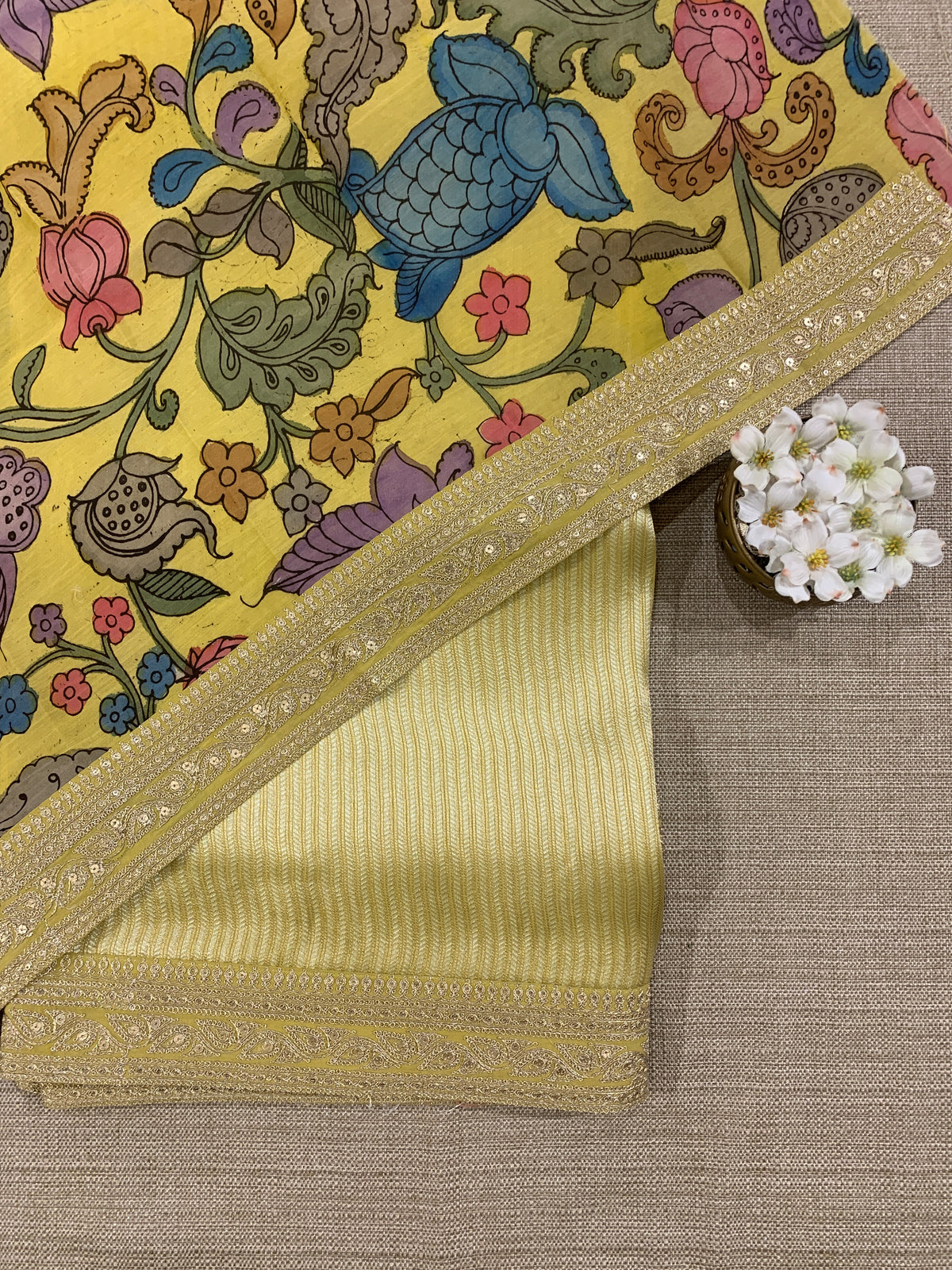 Lemon yellow Banarasi tonchoi with pen kalamkari Blouses