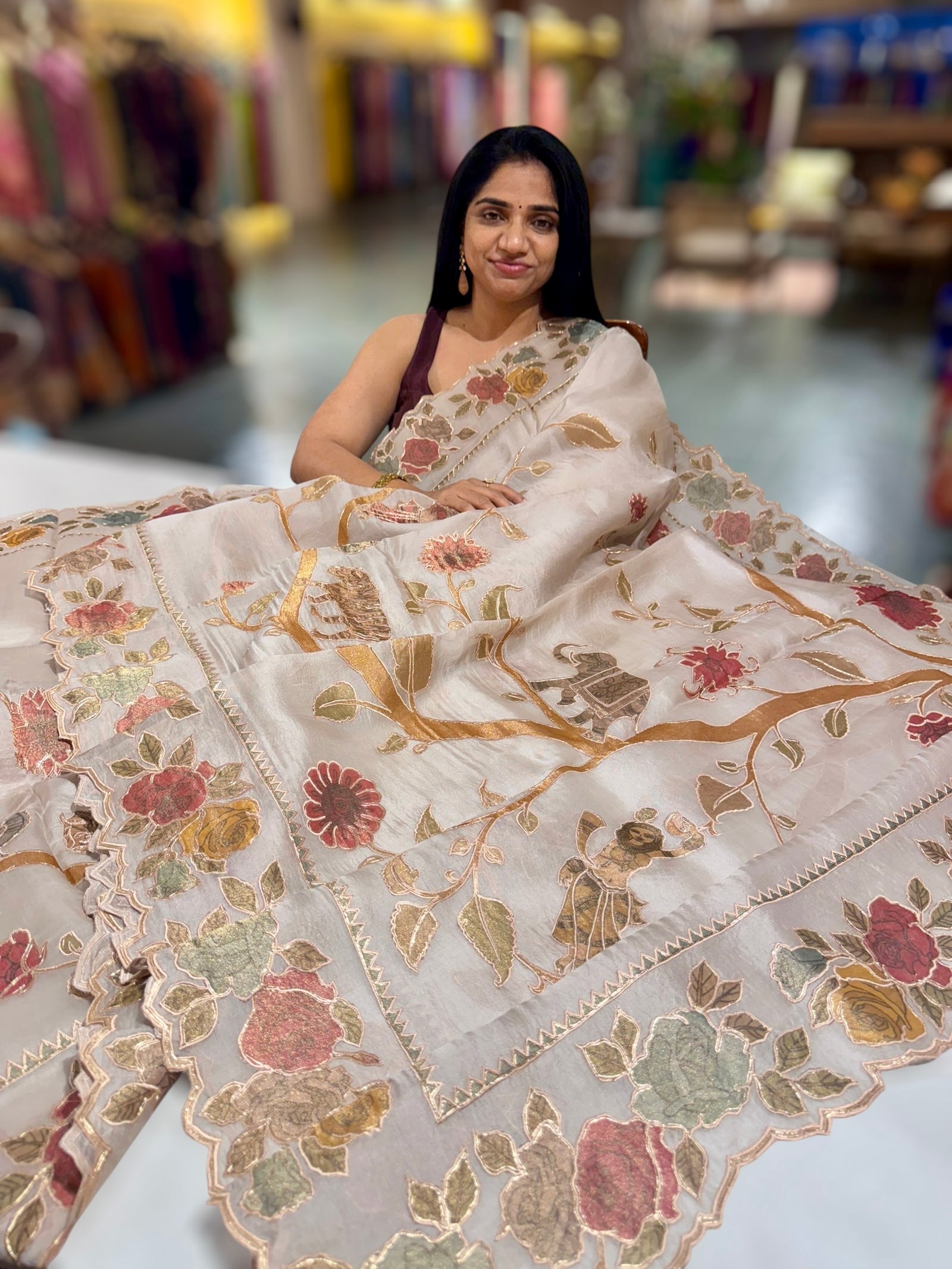 Earthy Tone Pure Organza Applique Work Saree