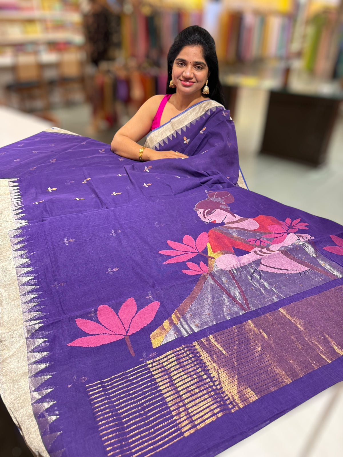 Violet Pure  handloom Ponduru Khadi jamdani Saree with designer pallu