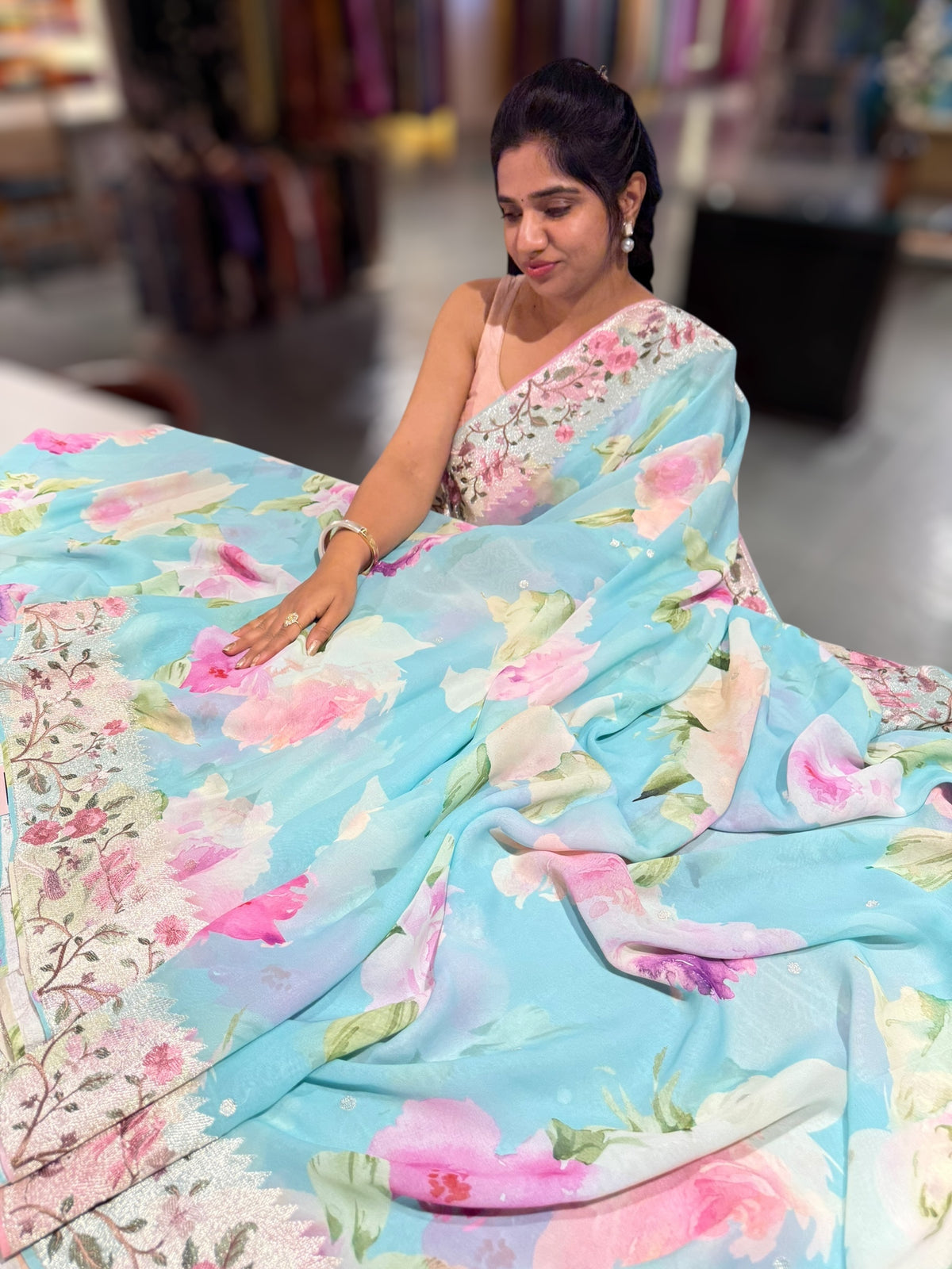 Pastel Blue  Printed georgette Saree With Tissue Embroidered Border