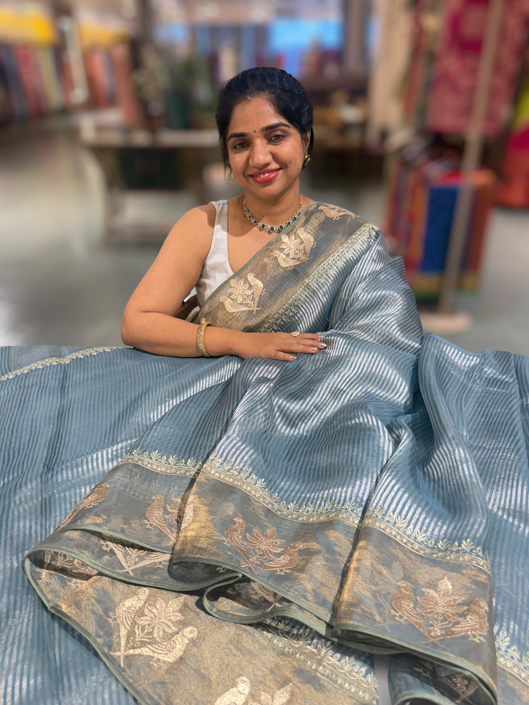 Dusty Blue Kora tissue silver stripes Saree with double parrot  embroidered tissue border
