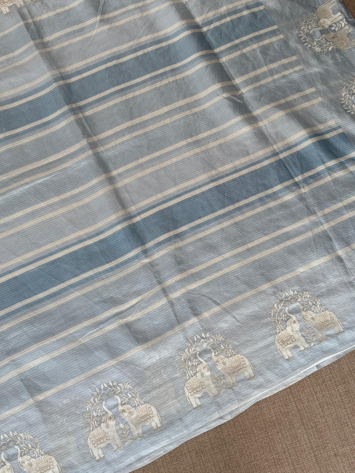 Dusty Blue Designer Silk kota saree with elephant embroidered border