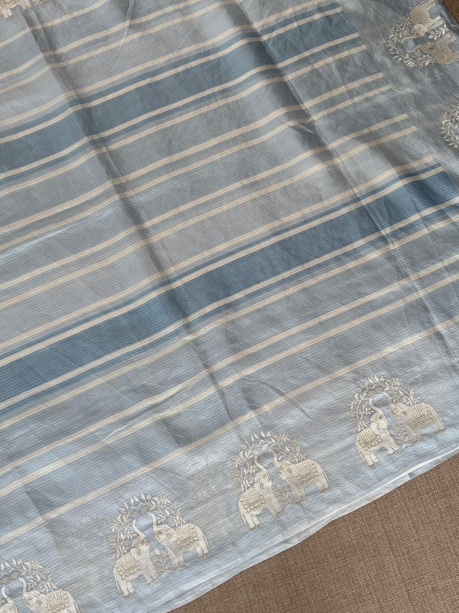 Dusty Blue Designer Silk kota saree with elephant embroidered border