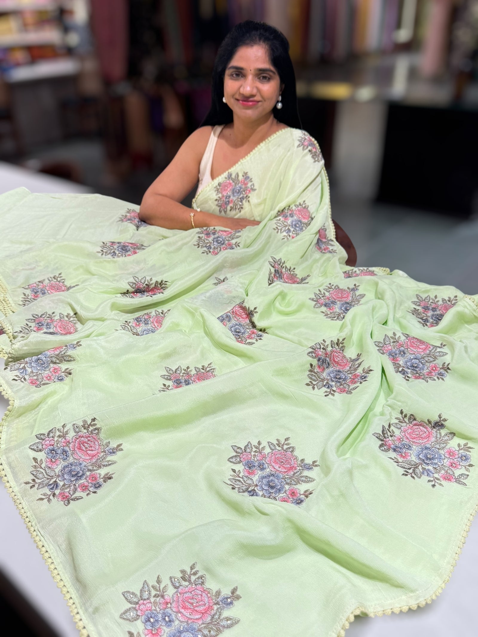 Apple Green chinnon with embroidery