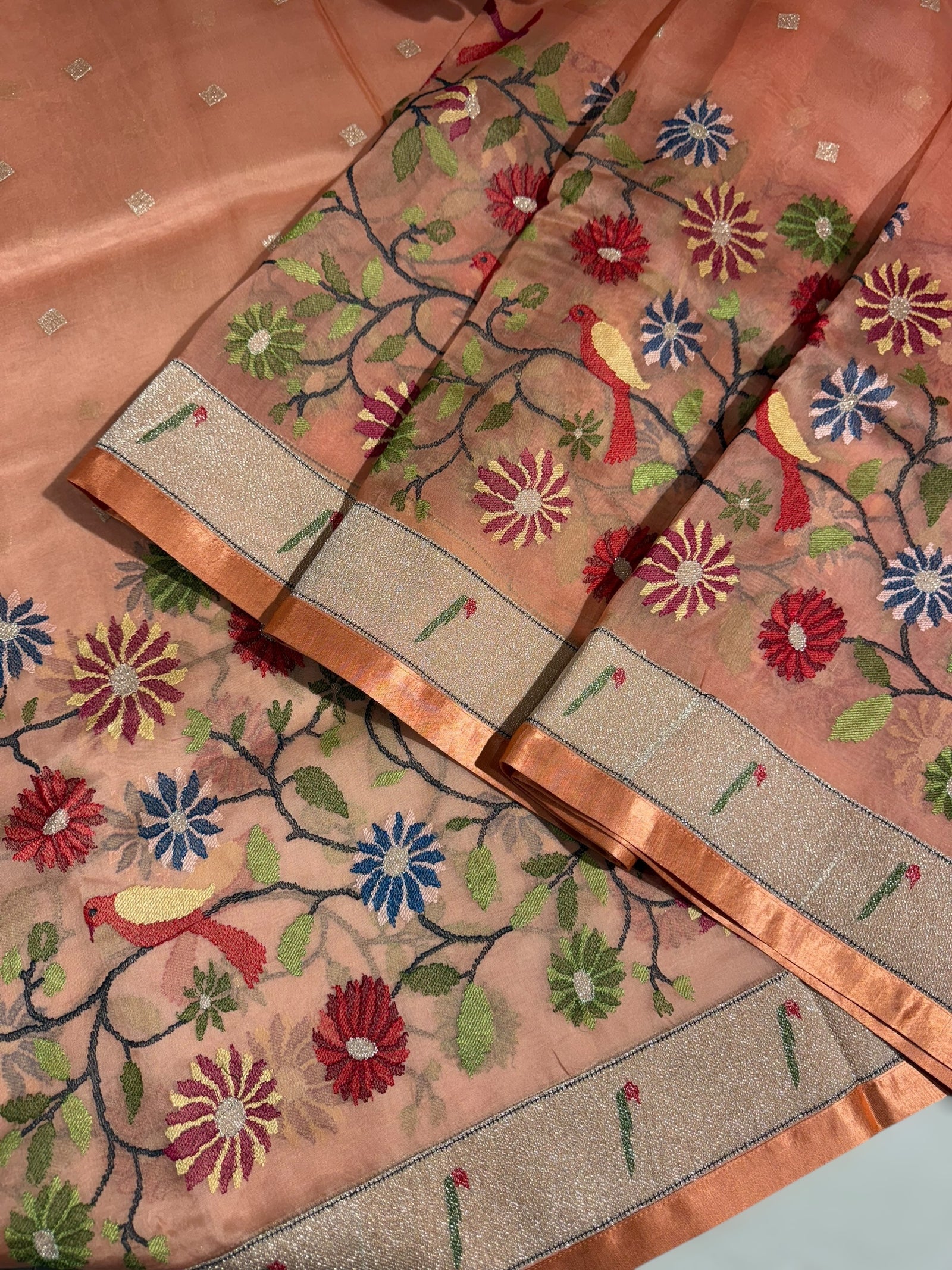 Kanakambaram Pure Organza Saree with pythani insipred embroidery