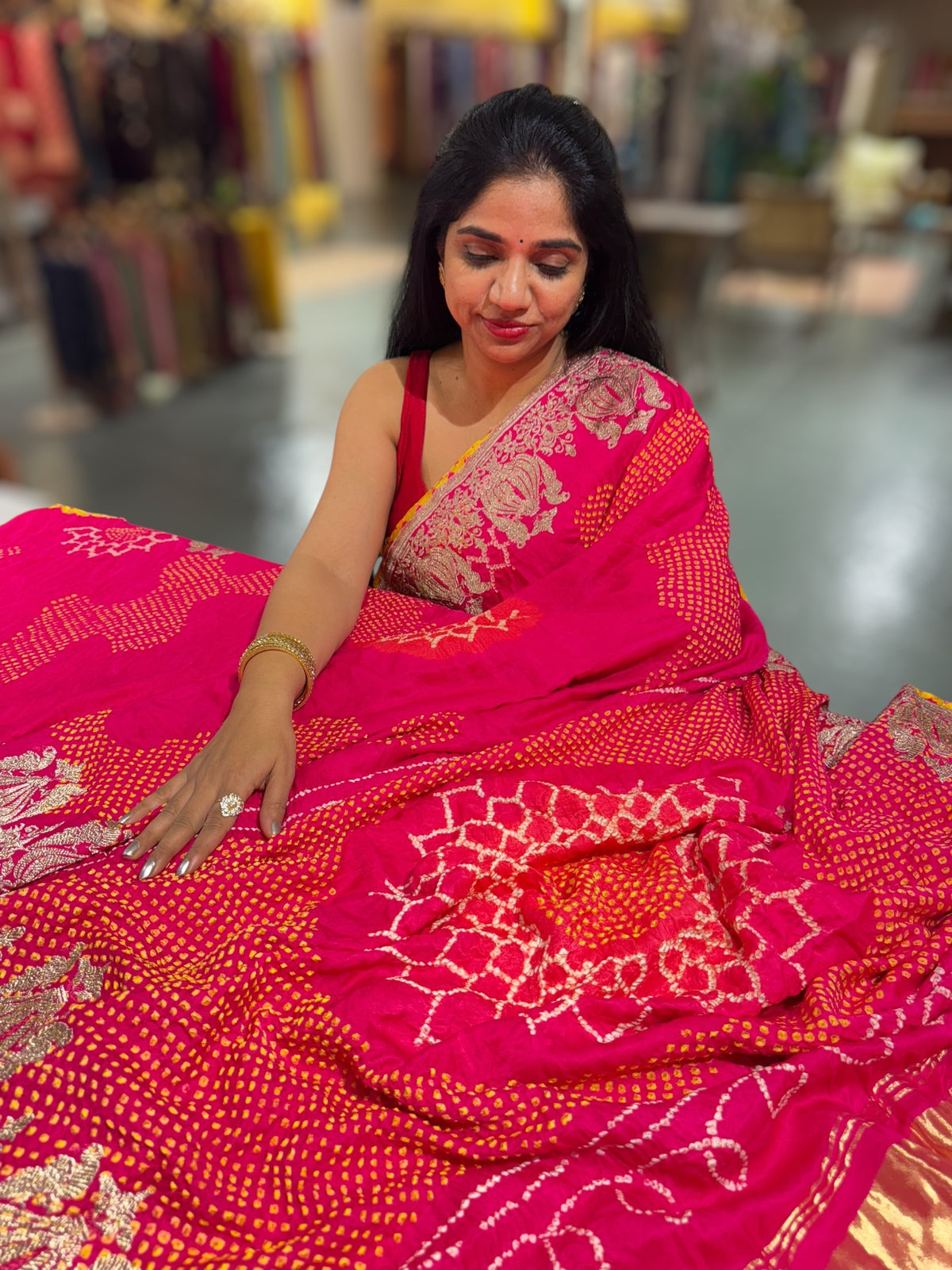 Fushcia Pink Designer Rai Bandhej Saree With Embroidered Border