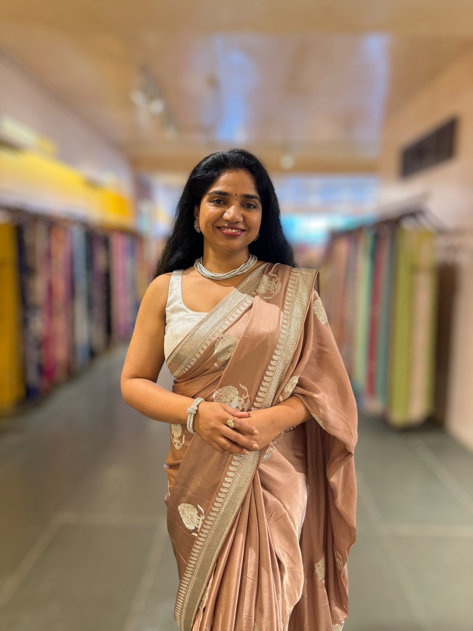 Light Brown Satin Saree with Embroidery.