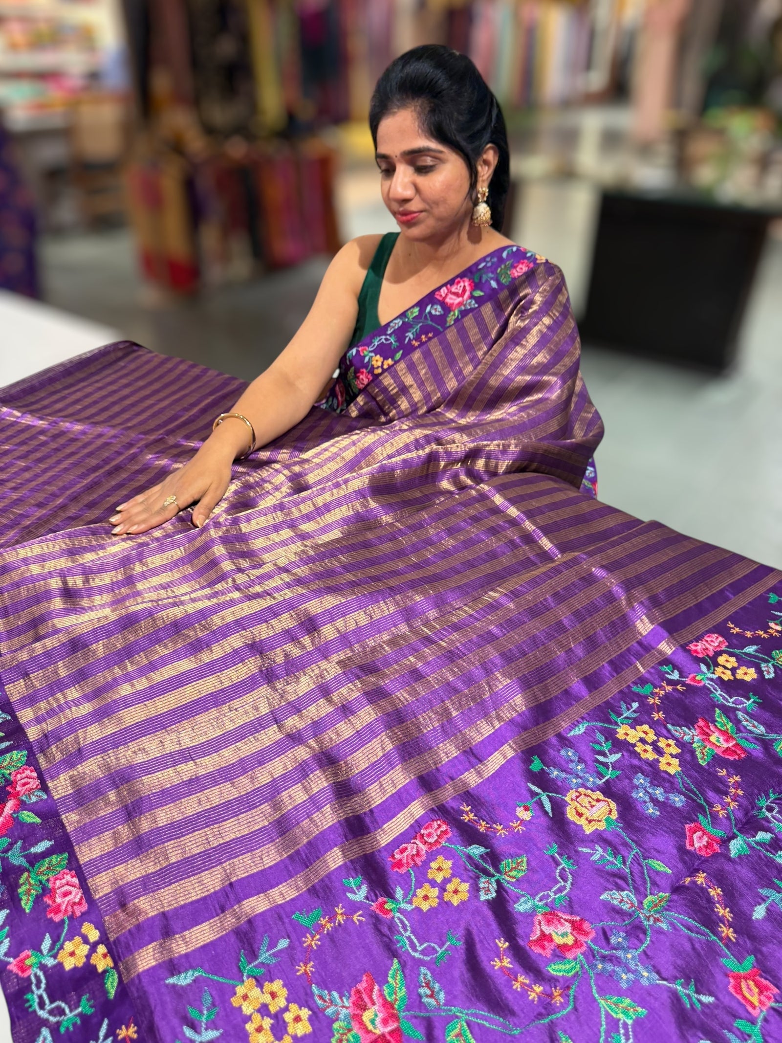 Brinjal Banarasi Tissue stripes Saree with petite point embroidery