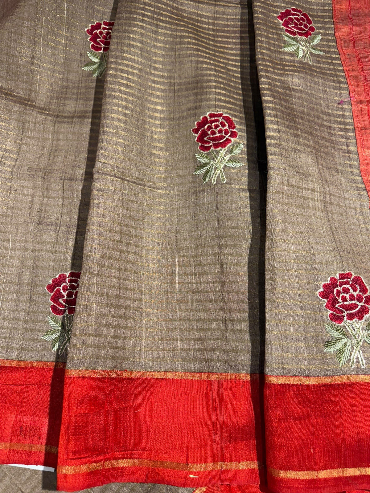 Chickoo Tussar Tissue and Silk fusion Saree with embroidery