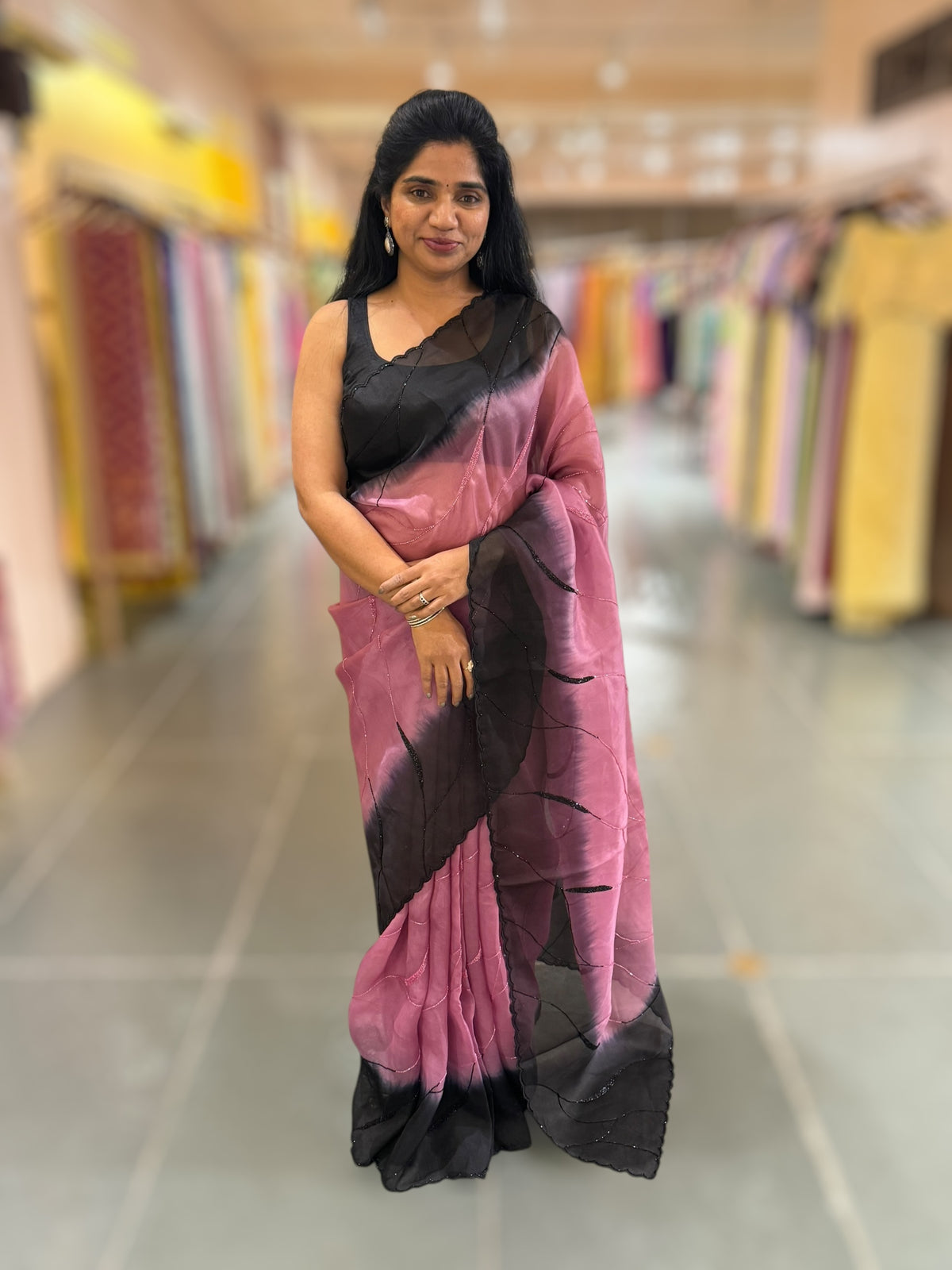 Rose Pink & Black Ombre Dyed Pure Organza handwork saree