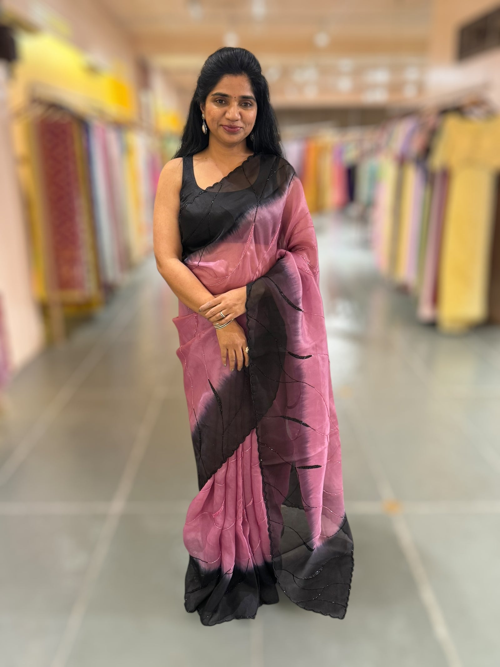 Rose Pink & Black Ombre Dyed Pure Organza handwork saree