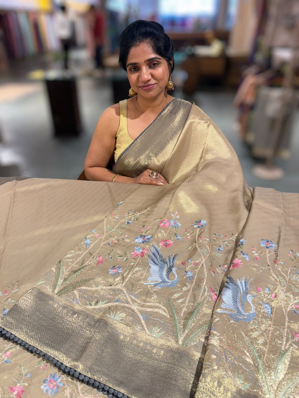 Antique Gold Banarasi Tissue with embroidered border