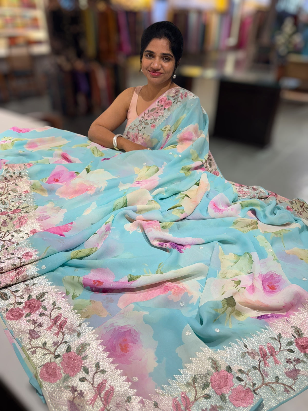 Pastel Blue  Printed georgette Saree With Tissue Embroidered Border