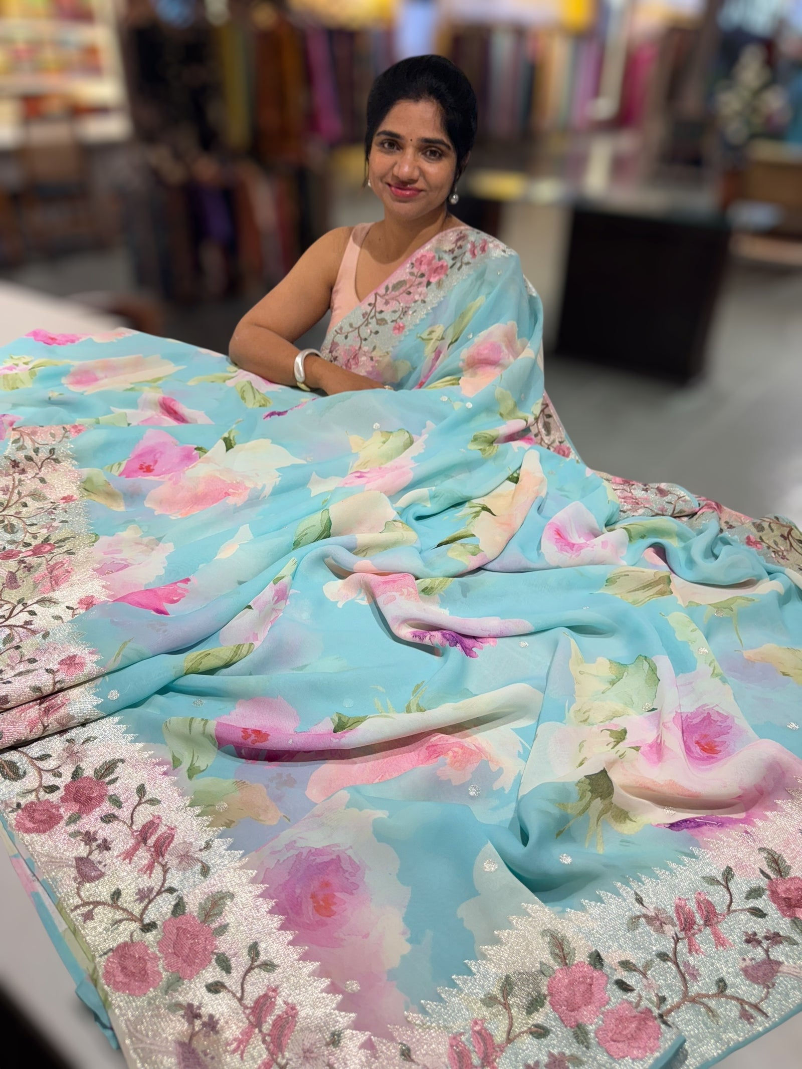 Pastel Blue  Printed georgette Saree With Tissue Embroidered Border