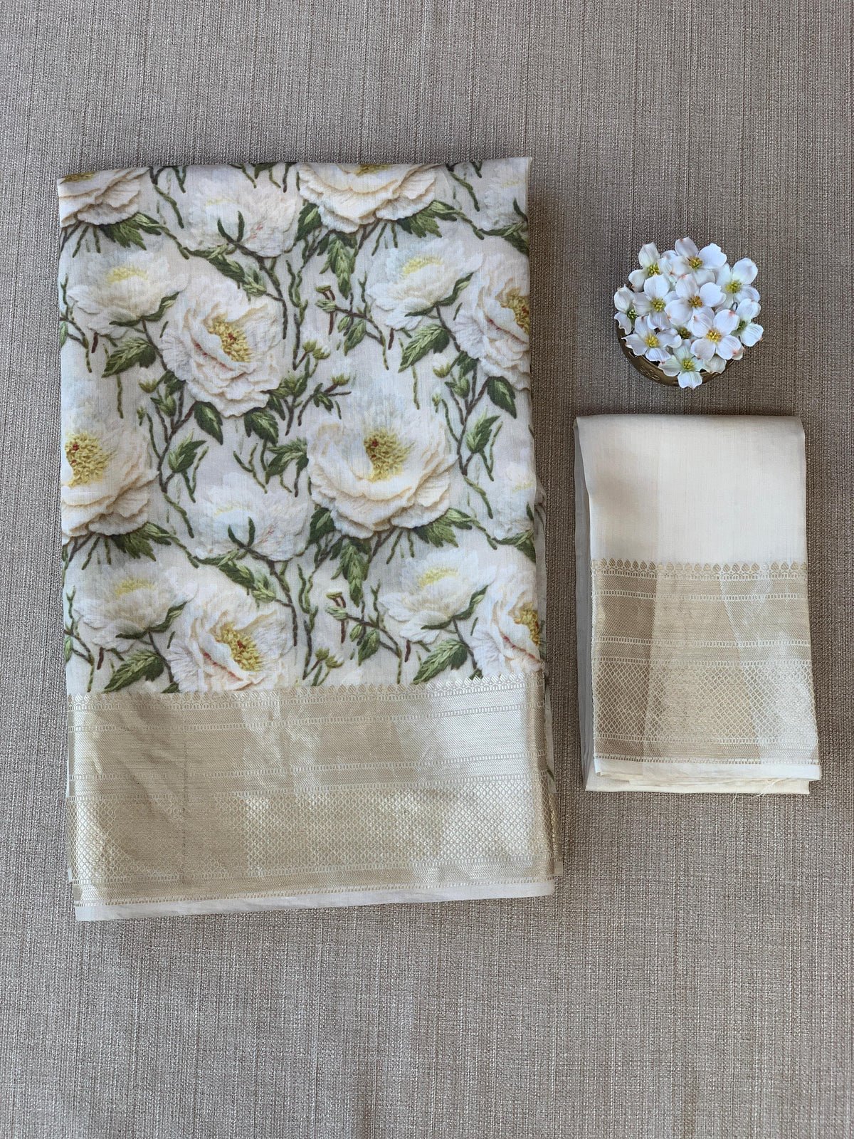 Ivory Pure Handloom Chiniya Silk Saree with stunning 3D Floral Print and zari borders