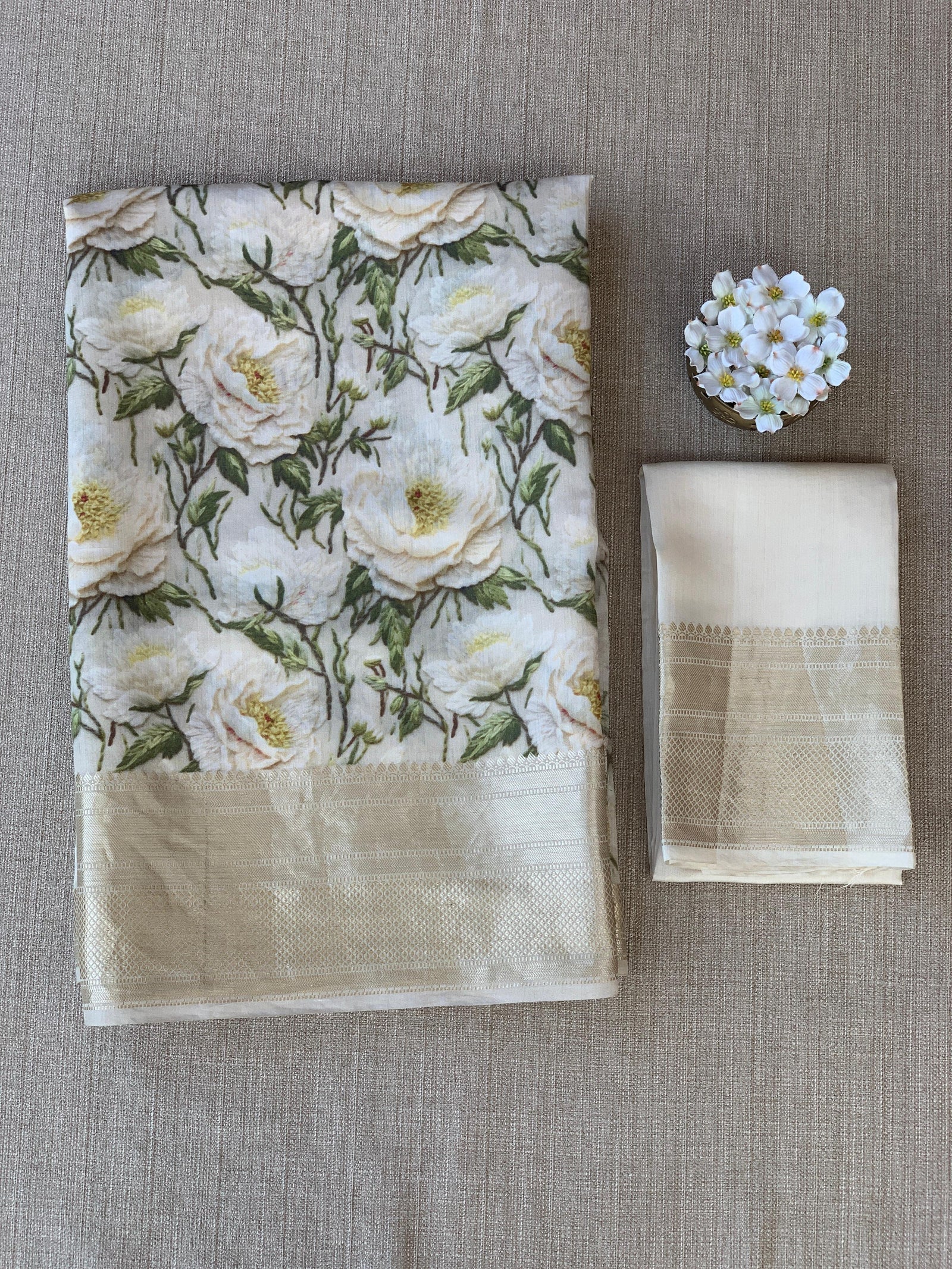 Ivory Pure Handloom Chiniya Silk Saree with stunning 3D Floral Print and zari borders