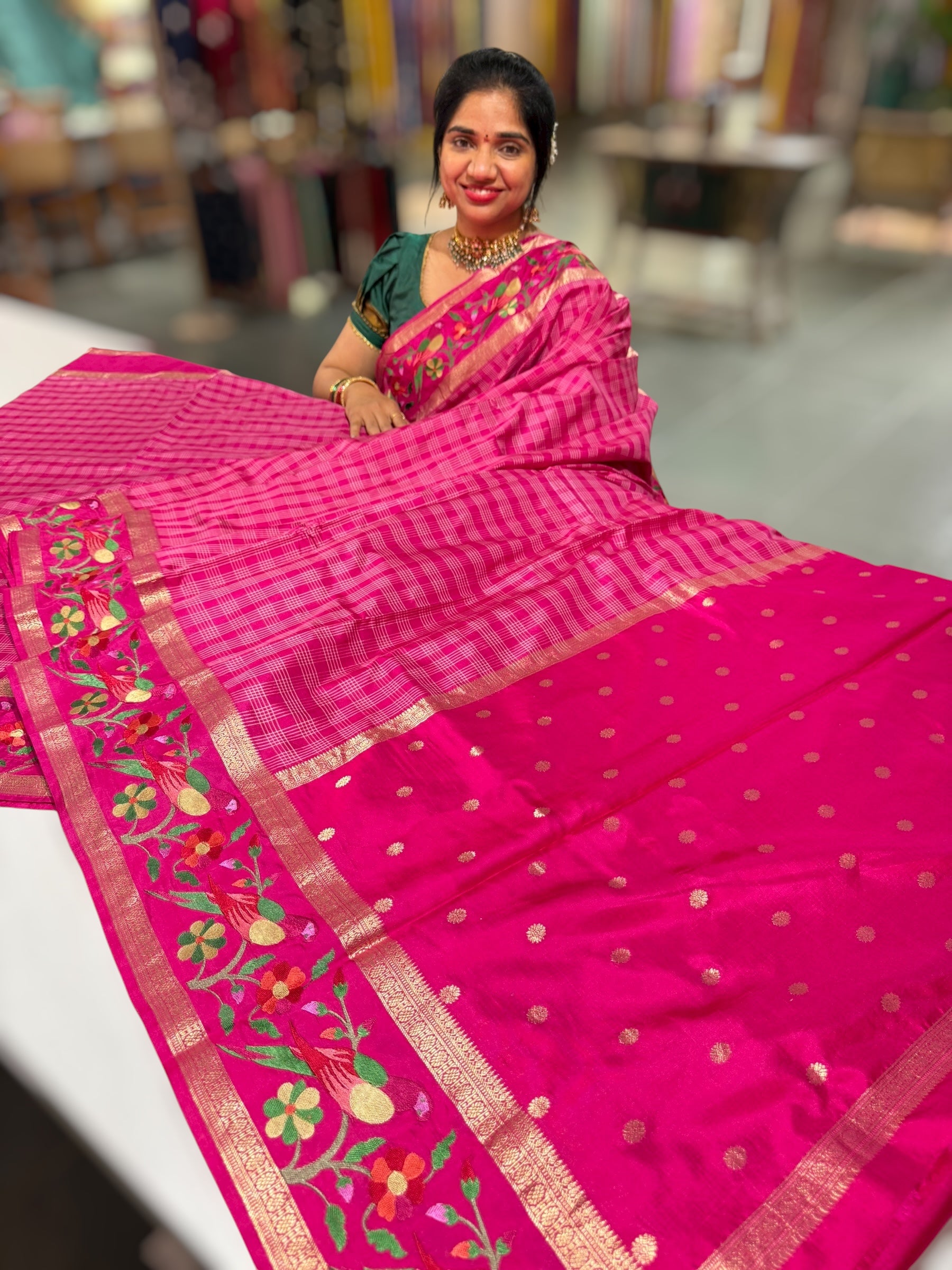 Rani Pink Kanchi Vintage Checks soft silk Saree with paithani inspired embroidered border
