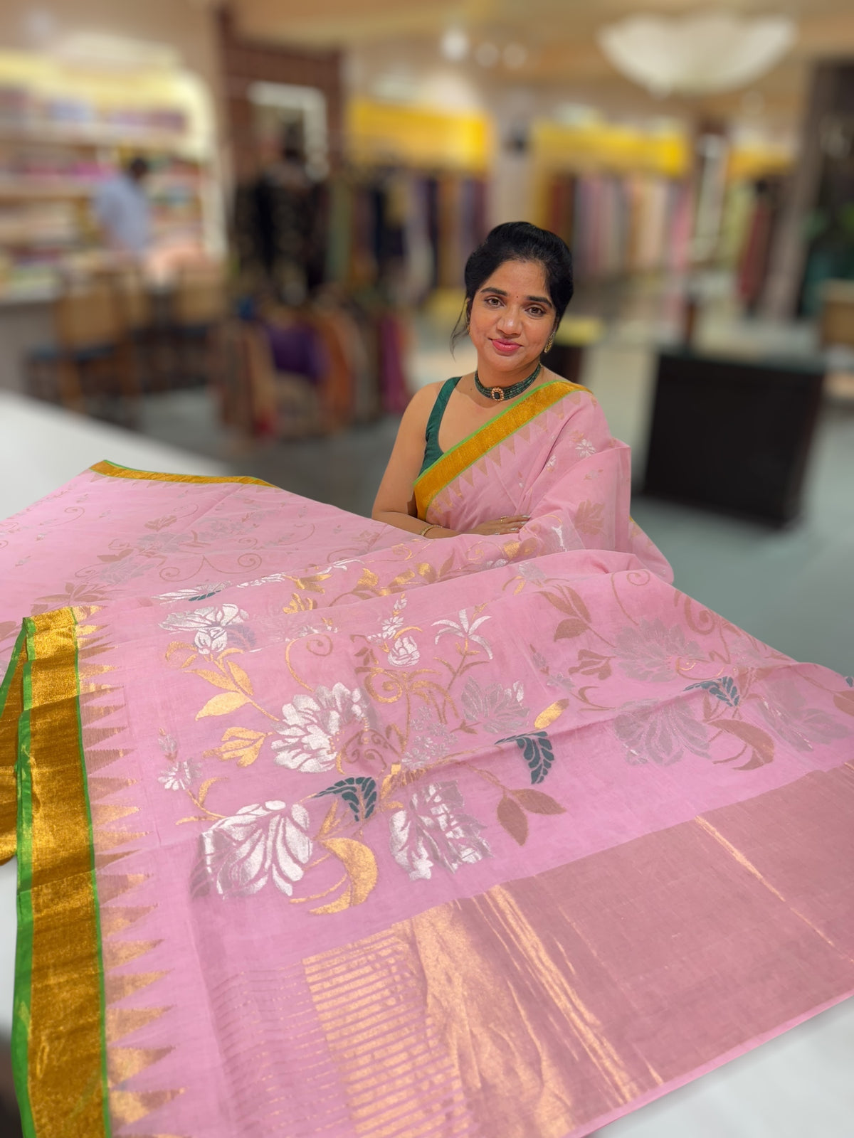 Baby Pink Ponduru Khadi Jamdani Allover Weaving Saree