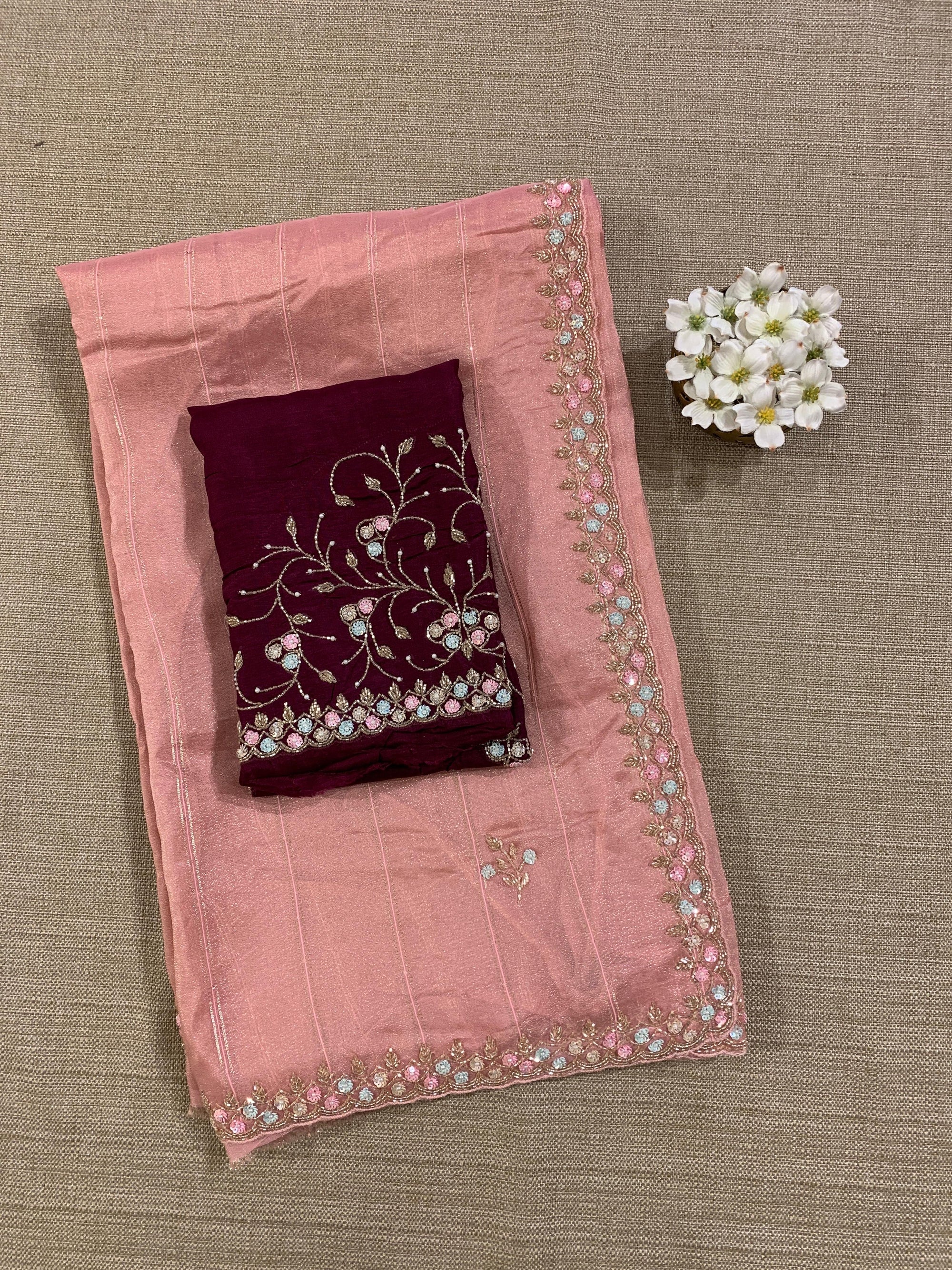 Tissue Gorgette Saree With Hanwork Border and Blouse.