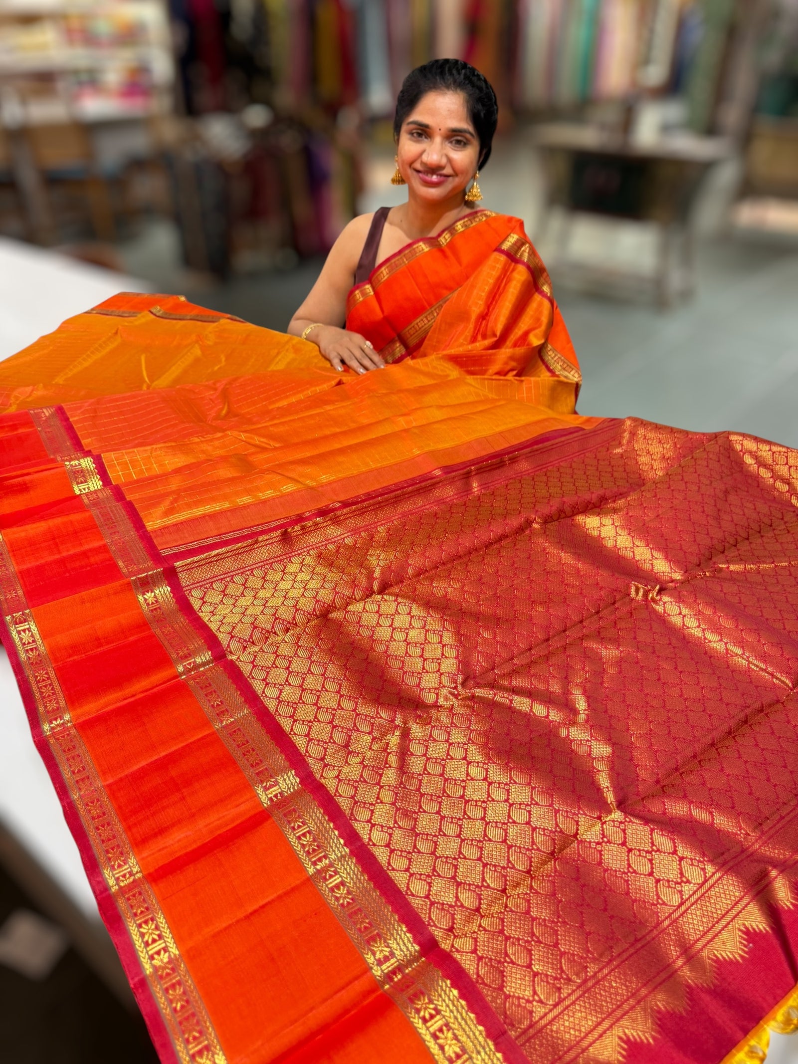 Orangish Mustard Dual Tone Kanchi vintage checks saree with Gap Border