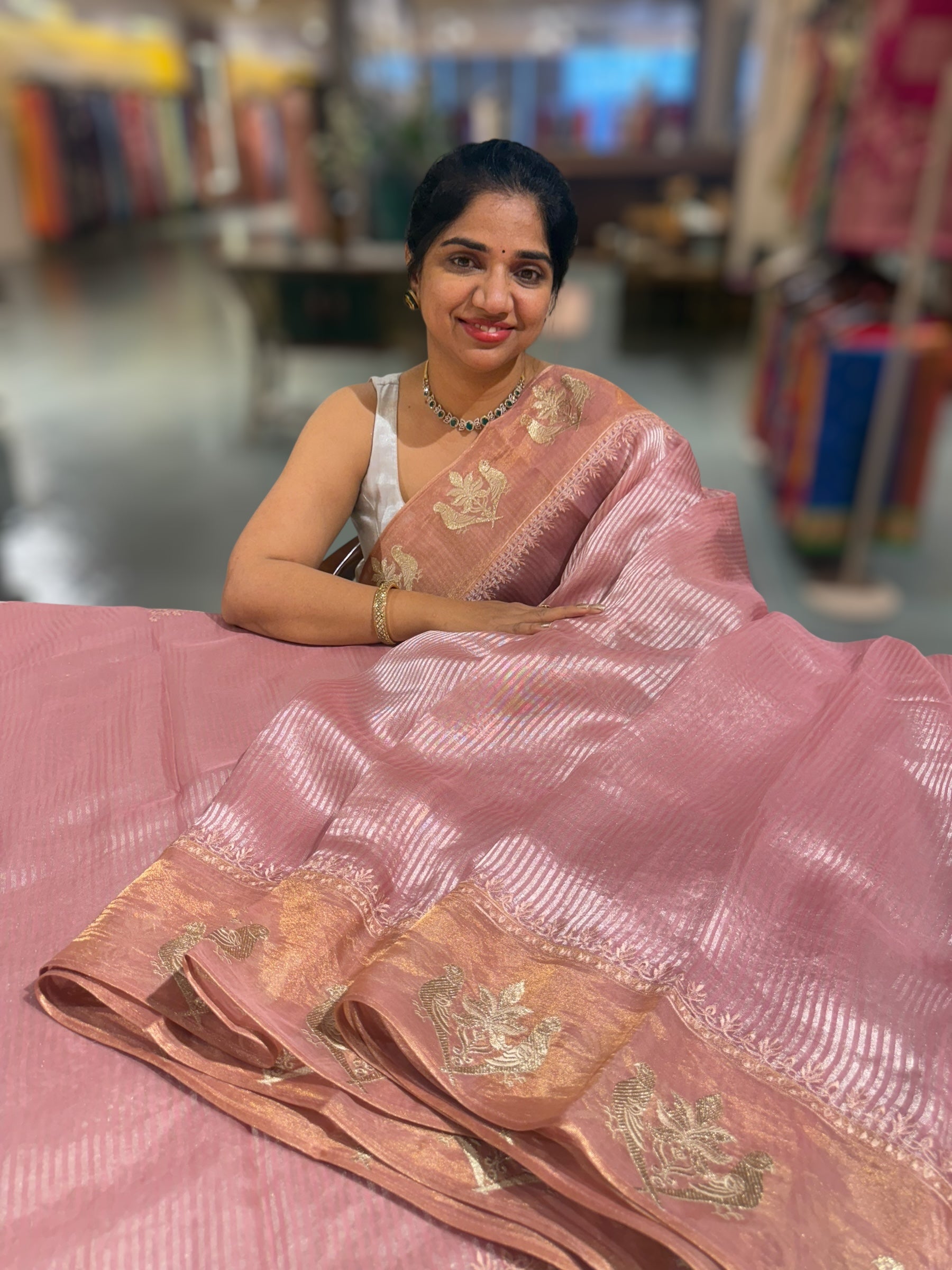 Dusty Pink Kora tissue silver stripes Saree with double parrot  embroidered tissue border