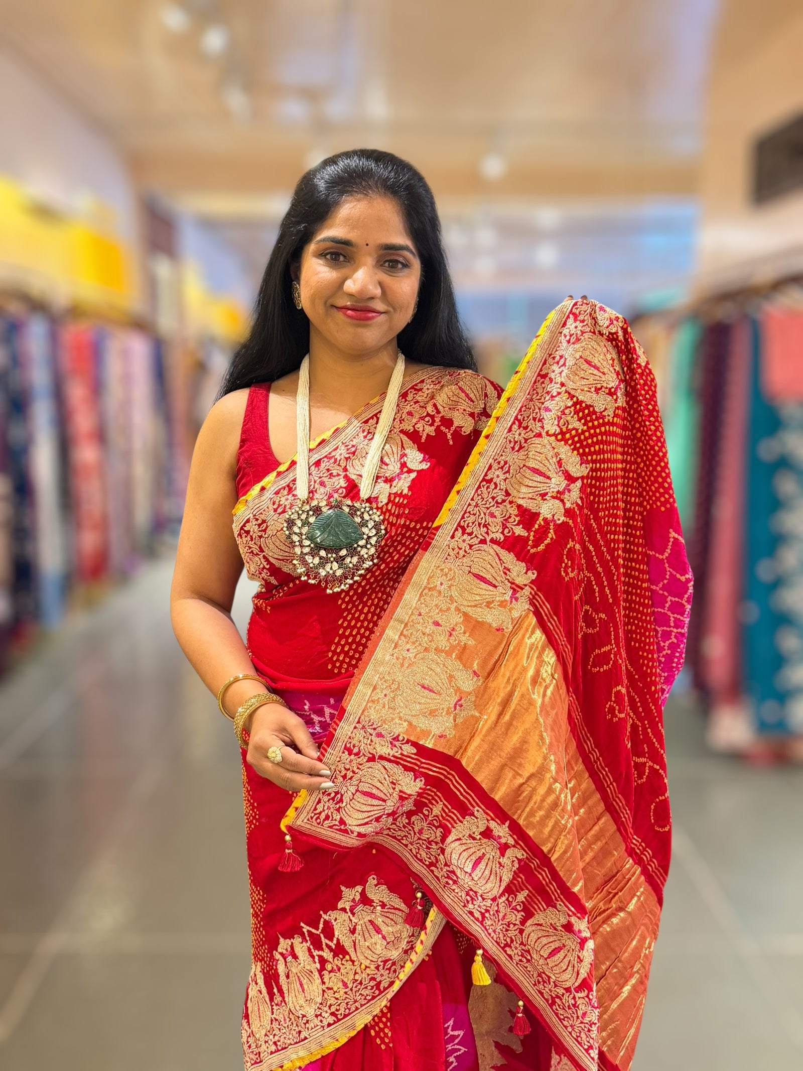 Red Rai bandhej Saree With Embroidered Border