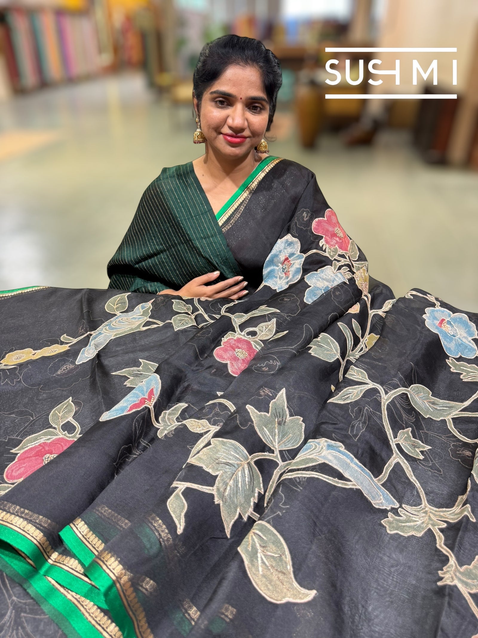 Black Designer Organza with Tissue applique work : S62F094