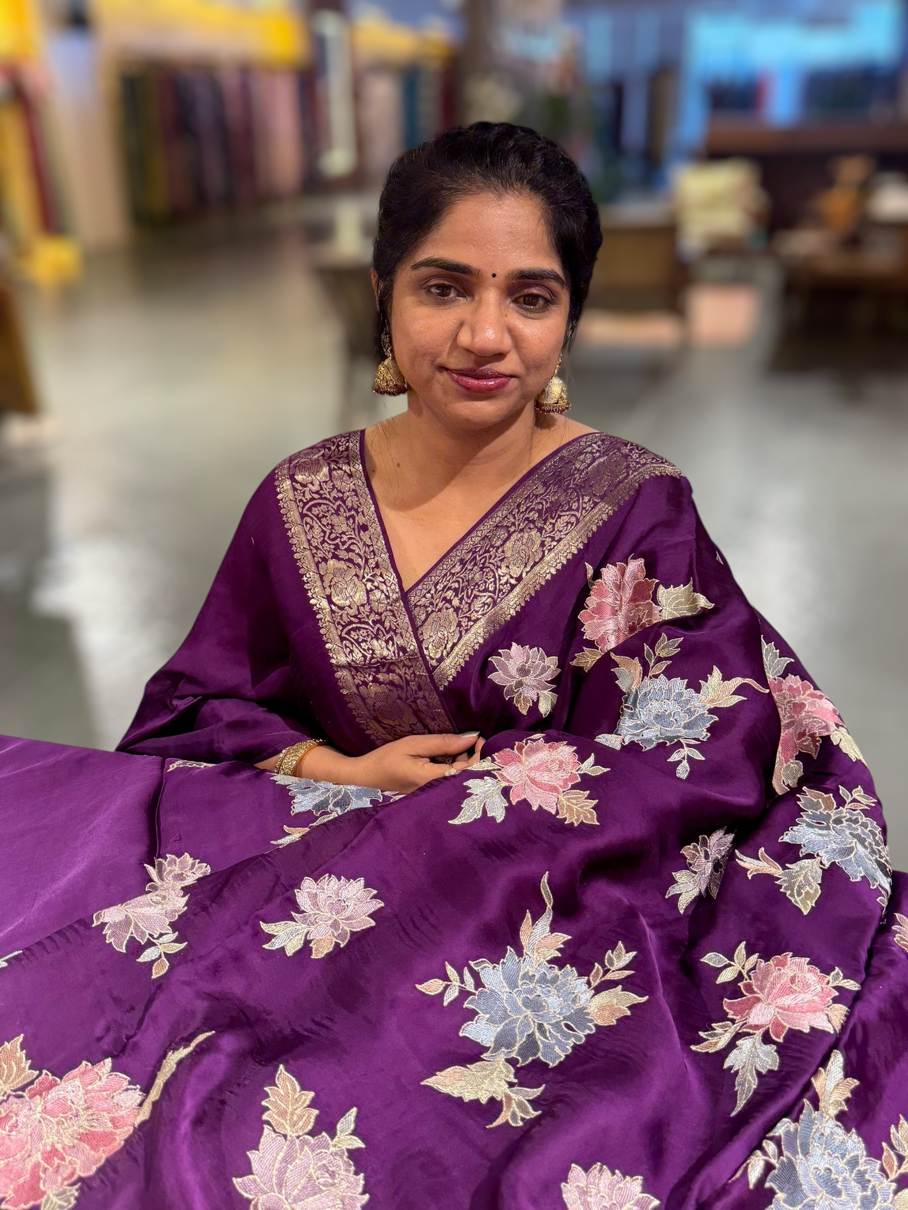 Wine Mashru Satin Saree with Allover Floral embroidery