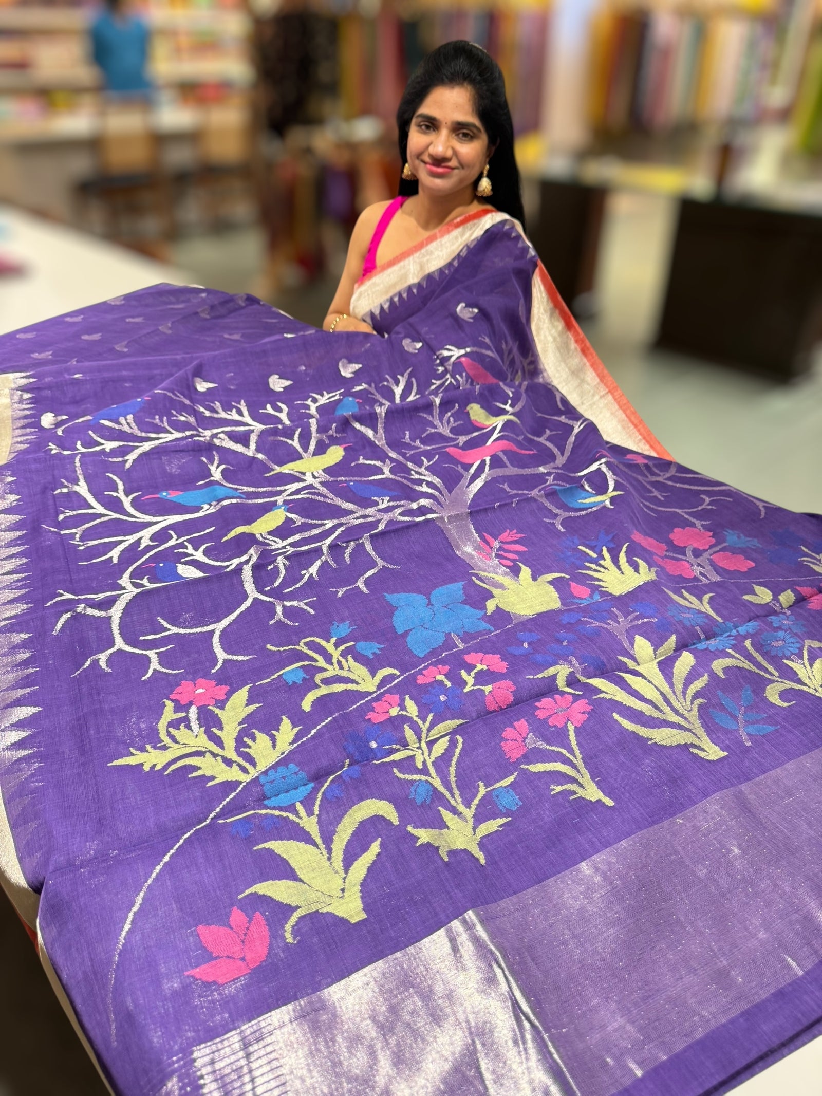 Violet Pure  handloom Ponduru Khadi jamdani Saree with heavy pallu