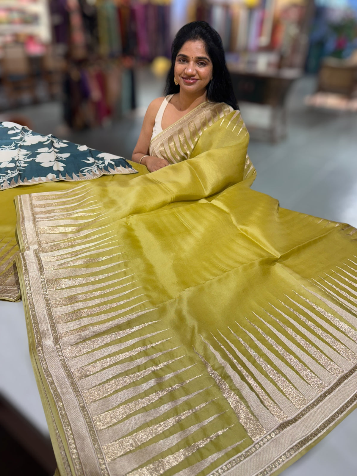 Lime Pure Organza With Temple Embroidered Border &amp; Tussar Printed Blouse