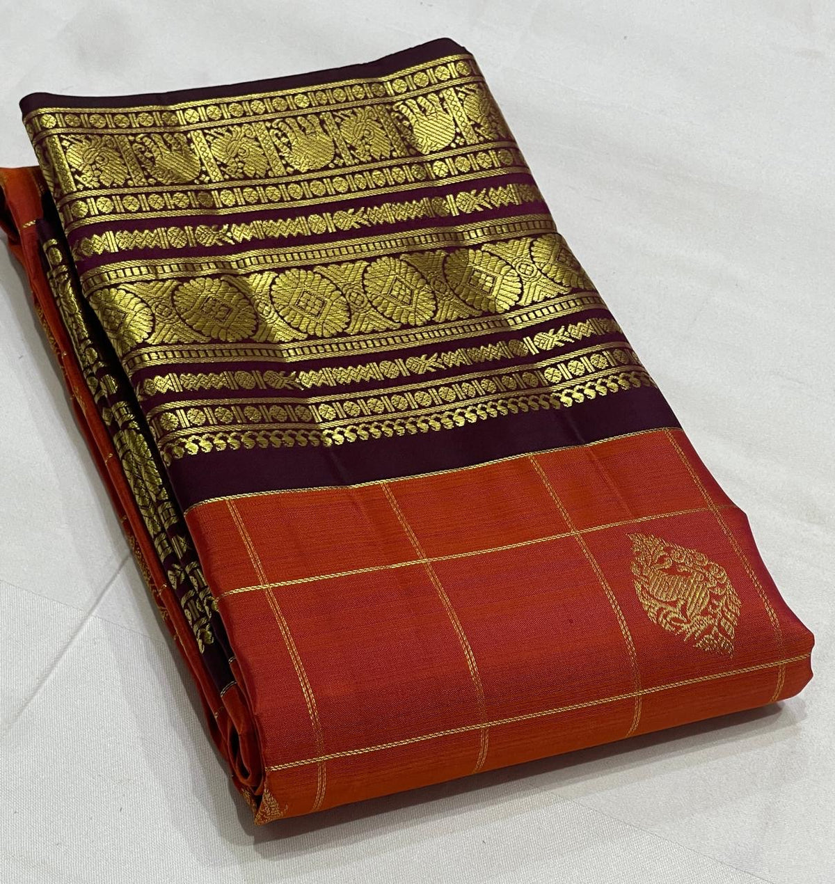 Rust Orange & winish Brown Combo Vintage Checks Kanjeevaram Saree