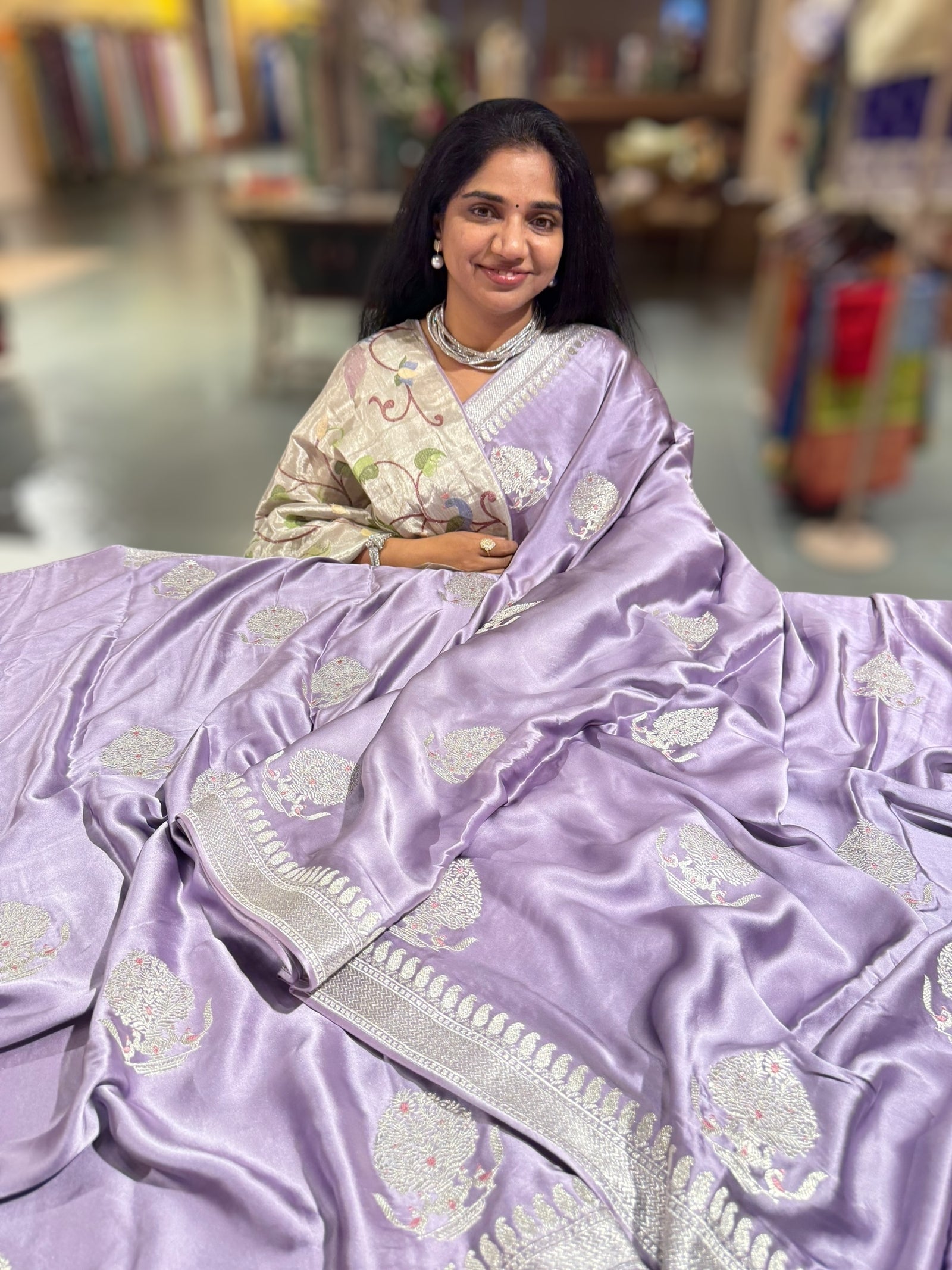 Lilac Pure Satin Saree with Embroidery.